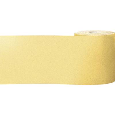 Eine ausgerollte Rolle Schleifpapier, gelblich in der Farbe, zeigt ihre raue Oberfläche.