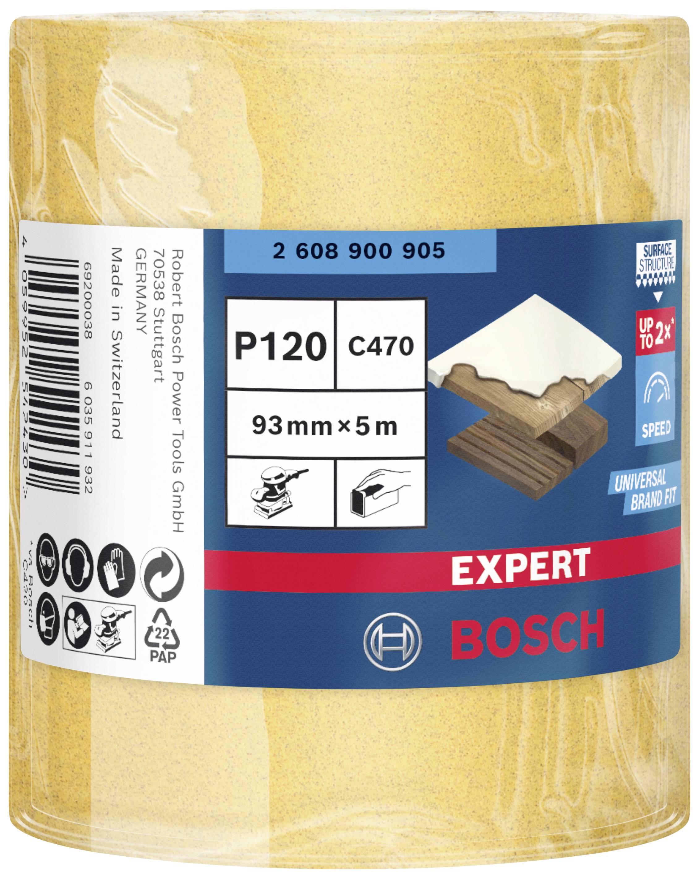 'Bosch Schleifpapier, P120, 93mm x 5m, universell. Oberflächenschonend, geeignet für Holz und andere Materialien. Hergestellt in der Schweiz.'