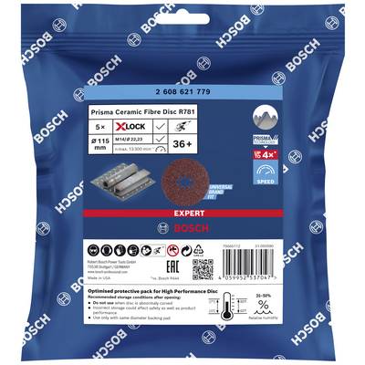 Eine blaue Verpackung einer Bosch Prisma Ceramic Fibre Disc R781, 115 mm Durchmesser, Körnung 36. Geeignet für X-Lock. Enthält technische Spezifikationen.