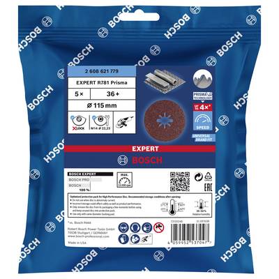 Verpackung eines Schleifscheiben-Sets der Marke Bosch 'EXPERT R781 Prisma', 5 Stück, 115 mm Durchmesser, für Metallmaterialien.