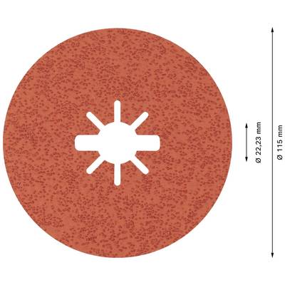Eine runde, rot-orange Schleifscheibe mit achtstrahligem Loch in der Mitte. Durchmesser der Scheibe: 115 mm, Innenloch: 22,23 mm.