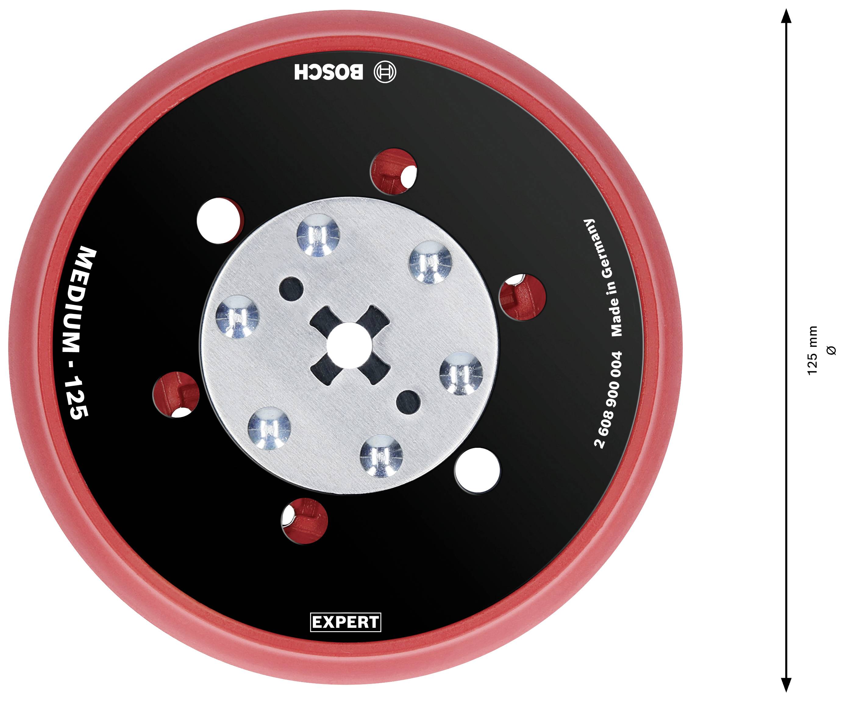 Schleifteller von Bosch, Modell 'Medium - 125', Durchmesser 125 mm, geeignet für Expert-Anwendungen, in Deutschland hergestellt.
