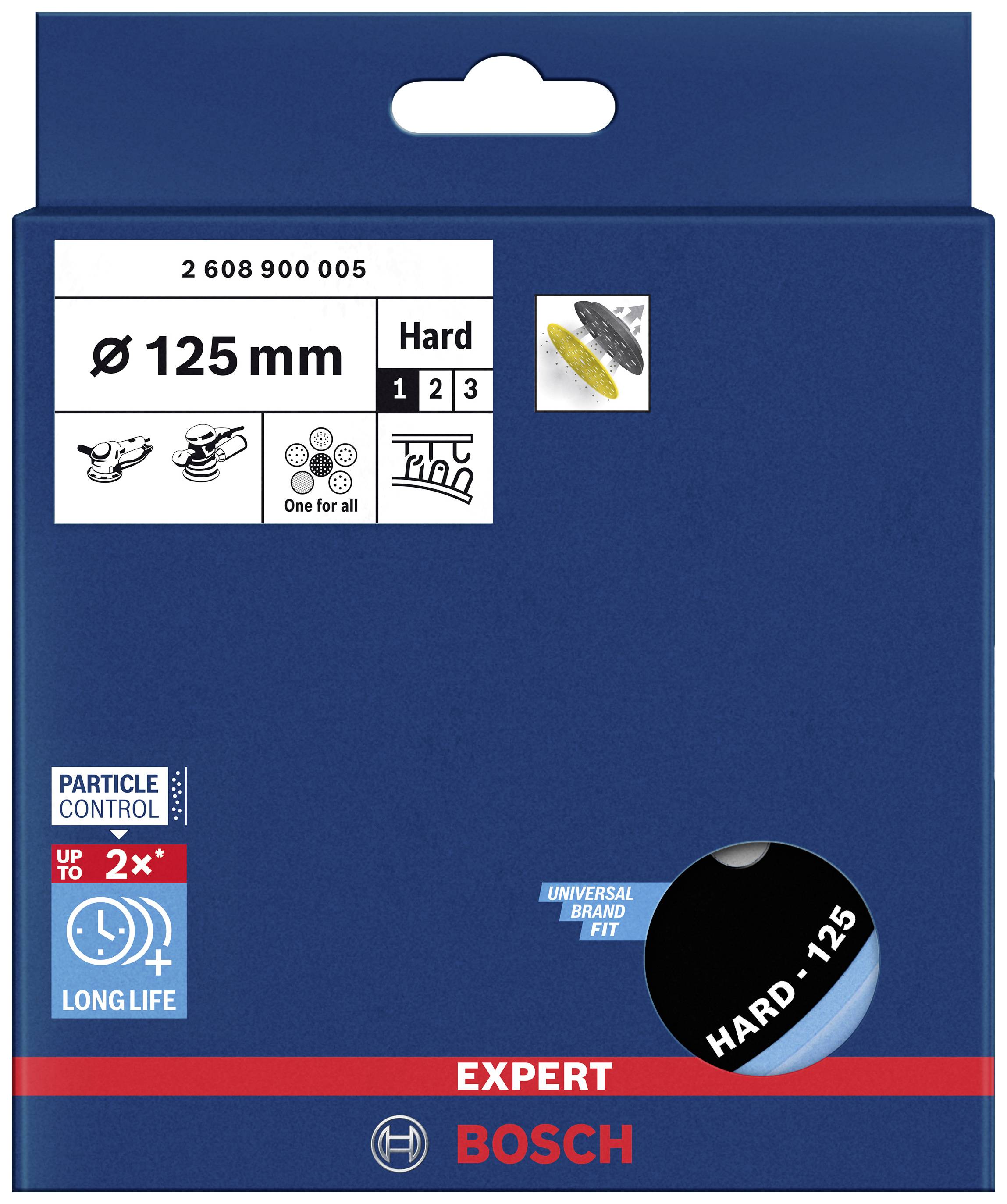 Verpackung eines Bosch Schleifscheiben-Sets, Durchmesser 125mm, geeignet für harte Materialien, verspricht hohe Lebensdauer.