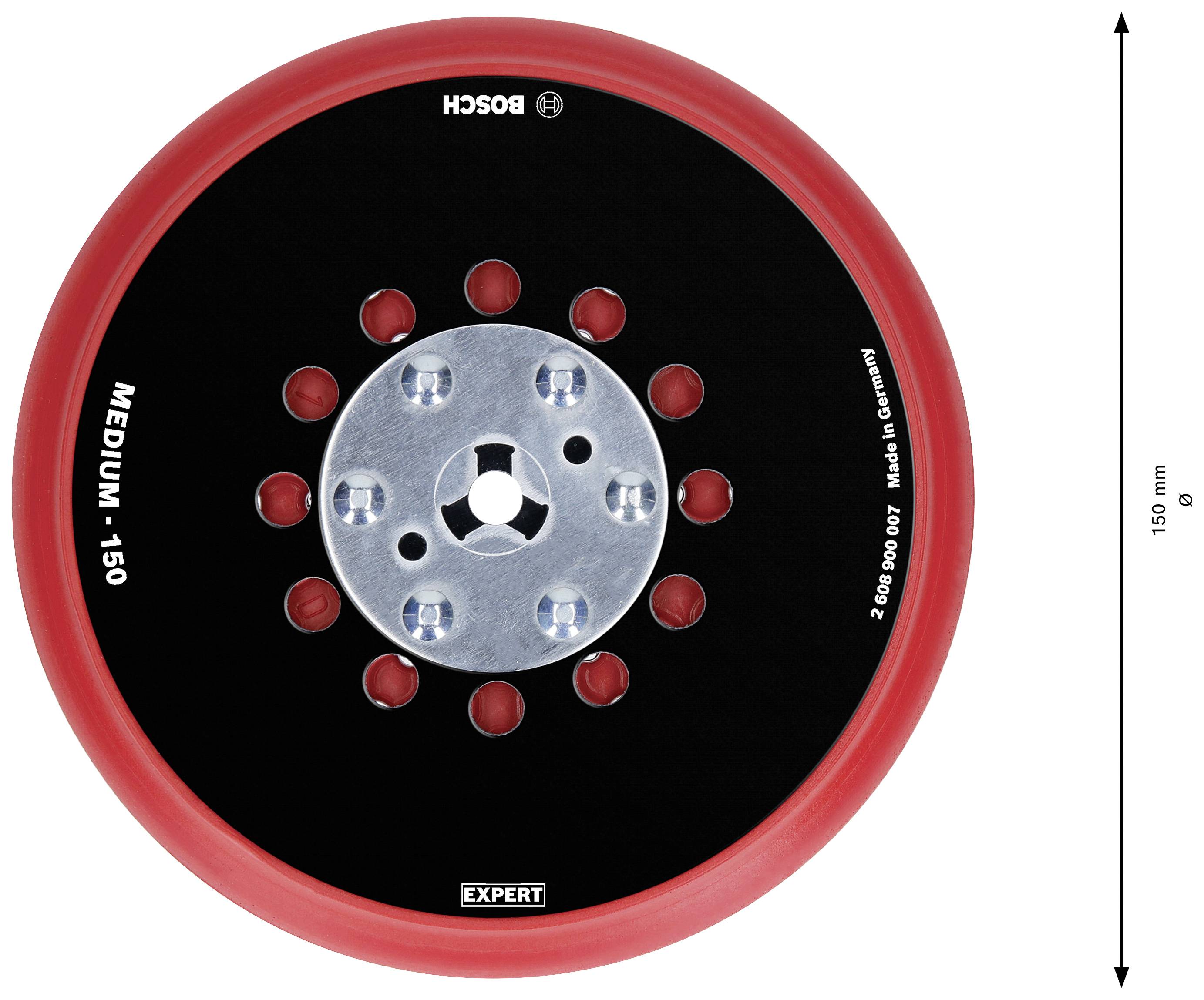 'Bosch Medium 150' Schleifscheibe mit rotem Rand, schwarzer Mitte und silberner Aufnahme. Durchmesser: 150 mm.