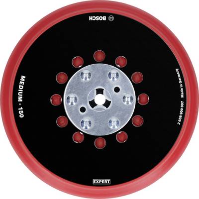 Runde Schleifscheibe von Bosch mit rotem Rand und mittlerem Loch, Modell 'EXPERT'. Text: 'MEDIUM - 150, Made in Germany'.