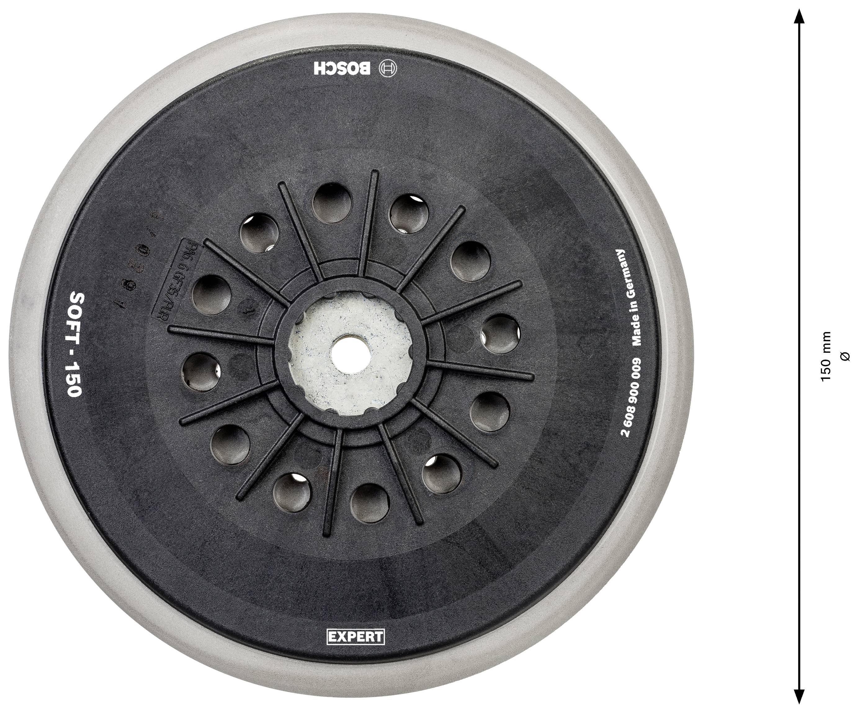 Die Abbildung zeigt ein rundes Schleifzubehör von Bosch mit der Aufschrift 'SOFT 1-150' und einem Durchmesser von 150 mm.