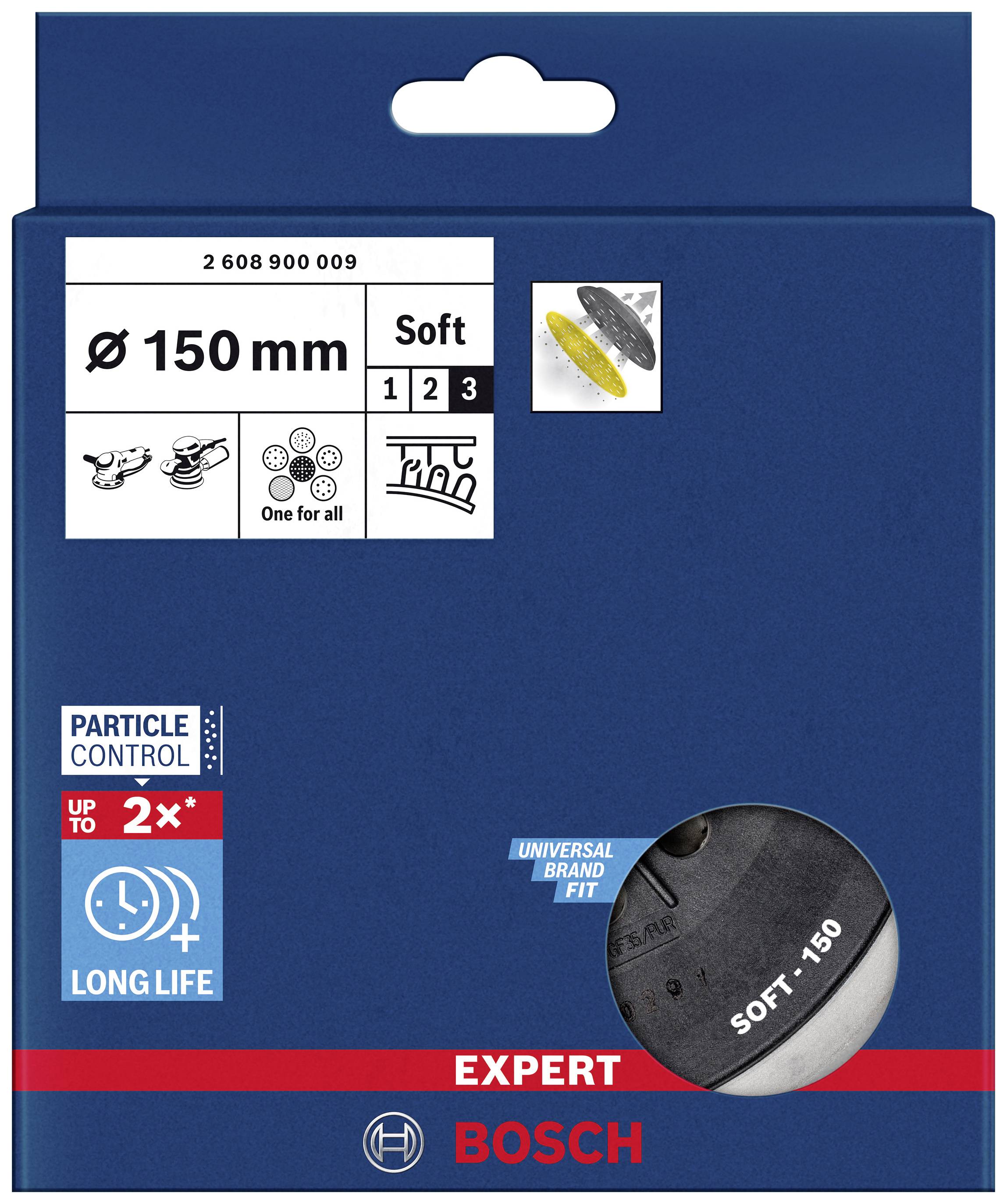 Verpackung für Bosch Expert Schleifscheiben, Ø 150 mm, Soft, geeignet für Schwing- und Exzenterschleifer, erhöhte Langlebigkeit.