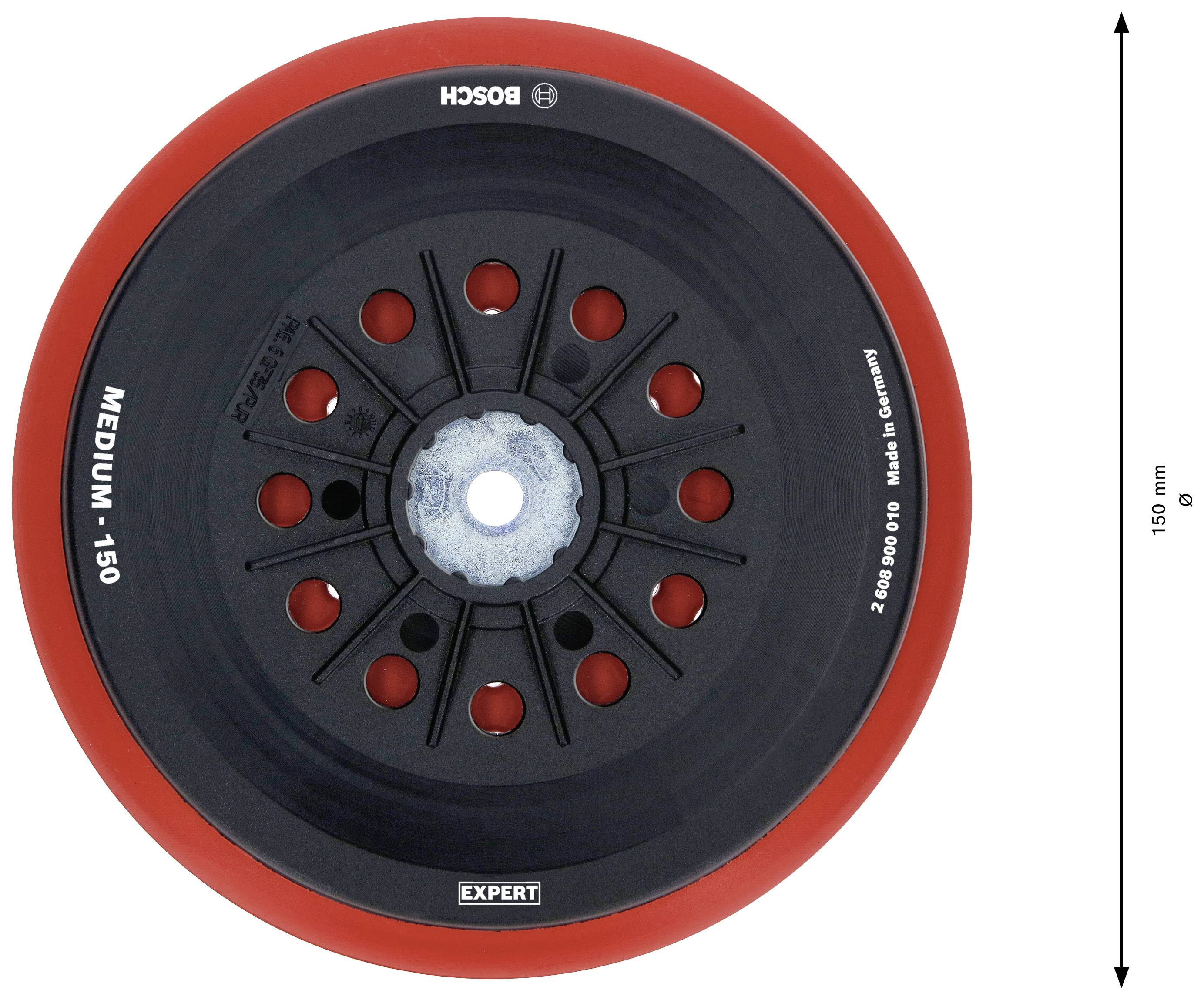 Schleifteller von Bosch, Durchmesser 150 mm, markiert mit 'MEDIUM - 150' und 'EXPERT', rot-schwarz gefärbt, 12 Lüftungslöcher.