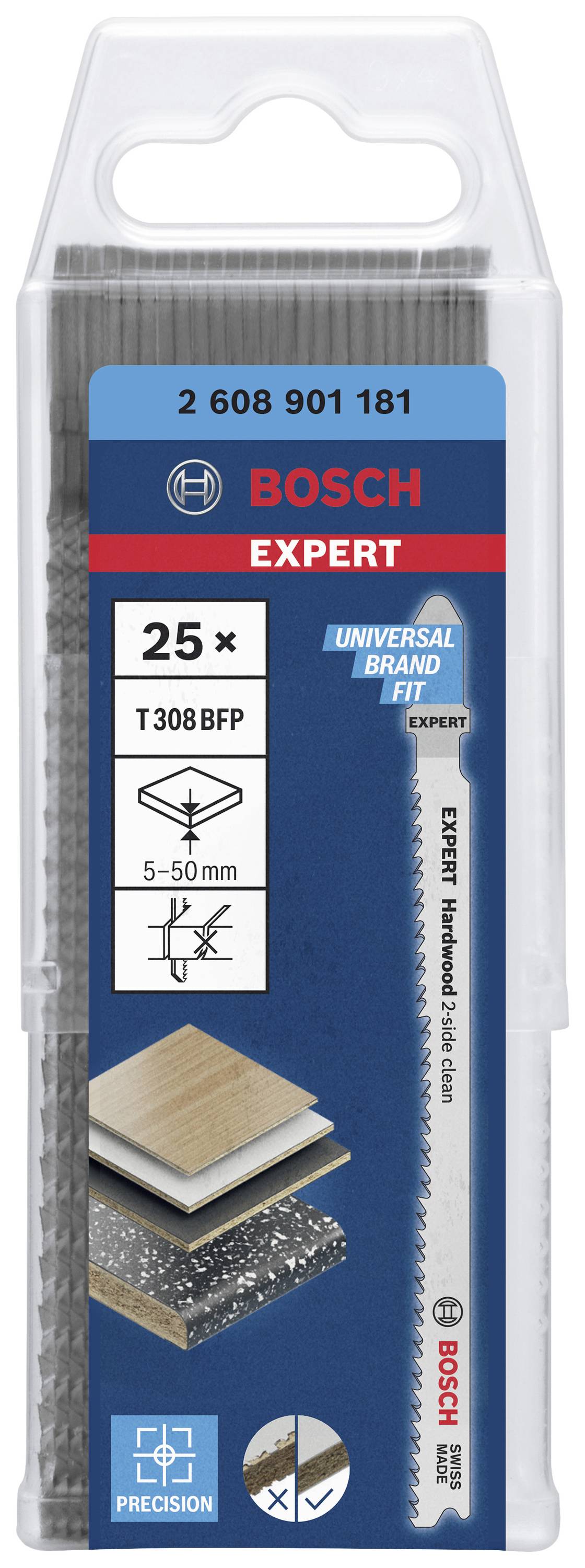 Sägeblatt-Set 'Bosch Expert' für Holz und Metall, 25 Stück, passend für 5-50 mm Material, Verpackung mit Bild eines Sägeblatts.