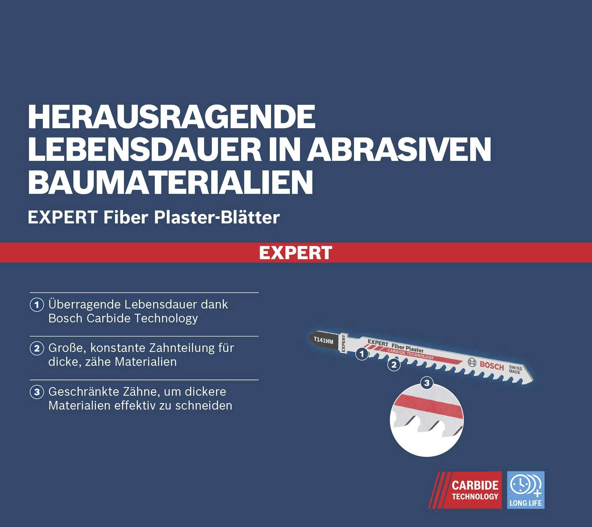 Plakat für Bosch Expert Fiber Plaster-Blätter. Hervorhebung: 'Herausragende Lebensdauer in abrasiven Baumaterialien'. Vorteile: Langlebigkeit, feine Zahnteilung, geschränkte Zähne.