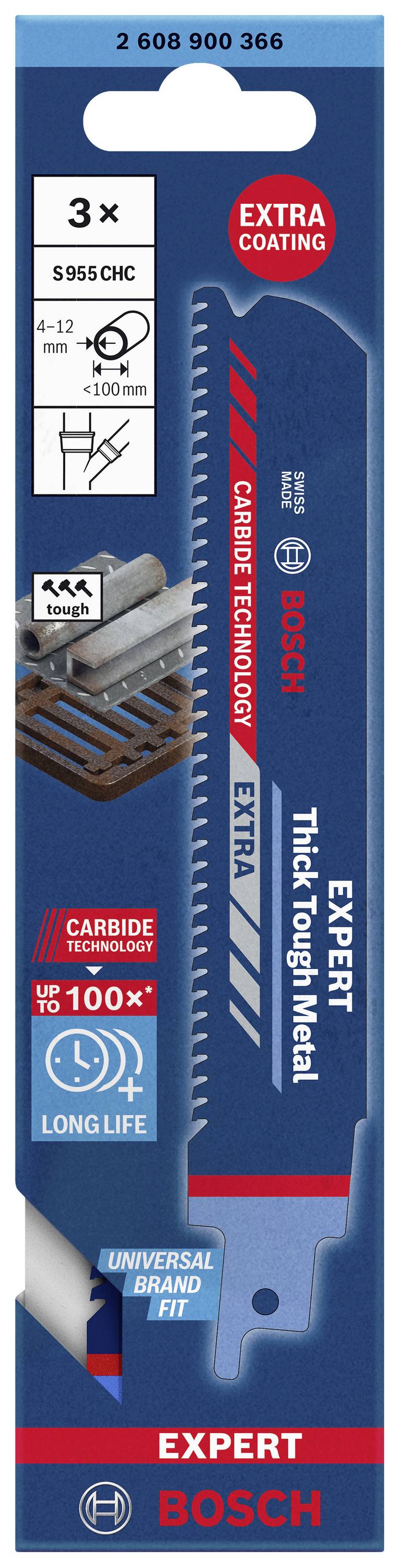 Verpackung von Bosch Sägeblatt, 3 Stück, mit Beschriftungen: 'EXTRA Coating', 'Carbide Technology', '100x Long Life', geeignet für dickes Metall.