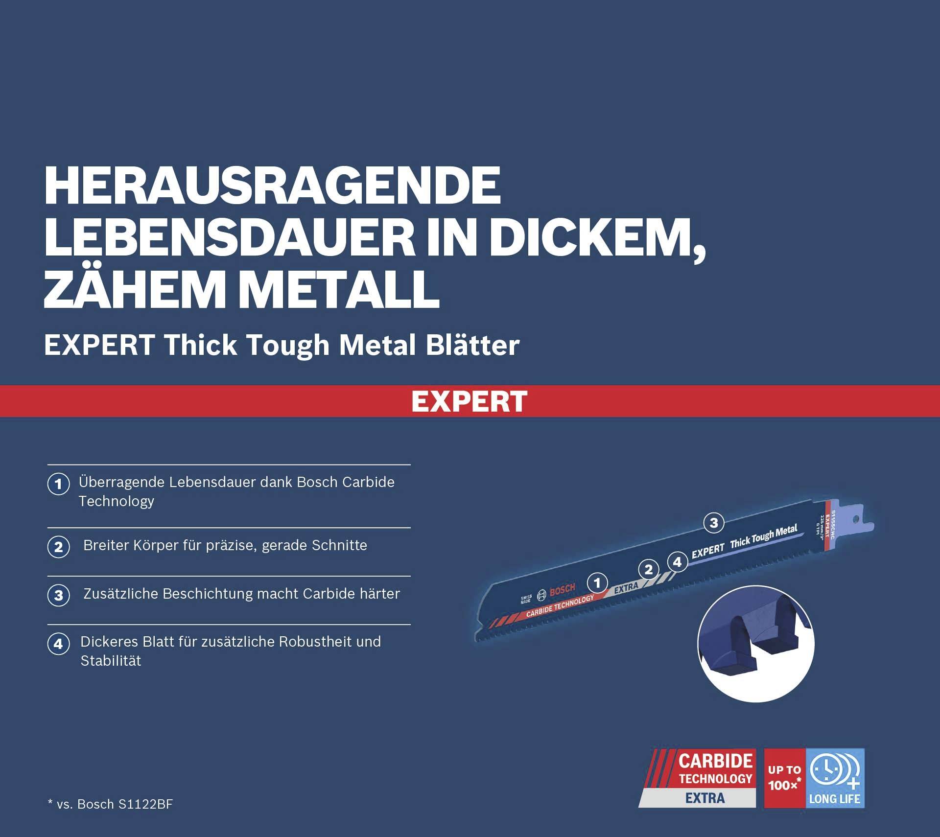 'Hervorragende Lebensdauer in dickem, zähem Metall. Drei Säbelsägeblätter nebeneinander. Beschriftungen: Bosch Carbide Technology, dickeres Blatt. Für dickes, zähes Metall geeignet.'
