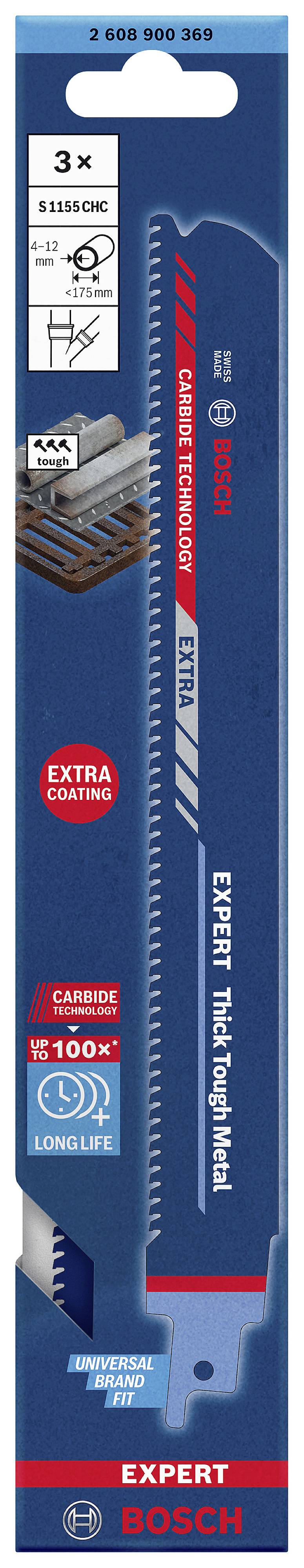 Verpackung eines Bosch Stichsägeblatts, spezialisiert für Metall, blaues Design, Label 'EXPERT'. Geeignet für Metallarbeiten.