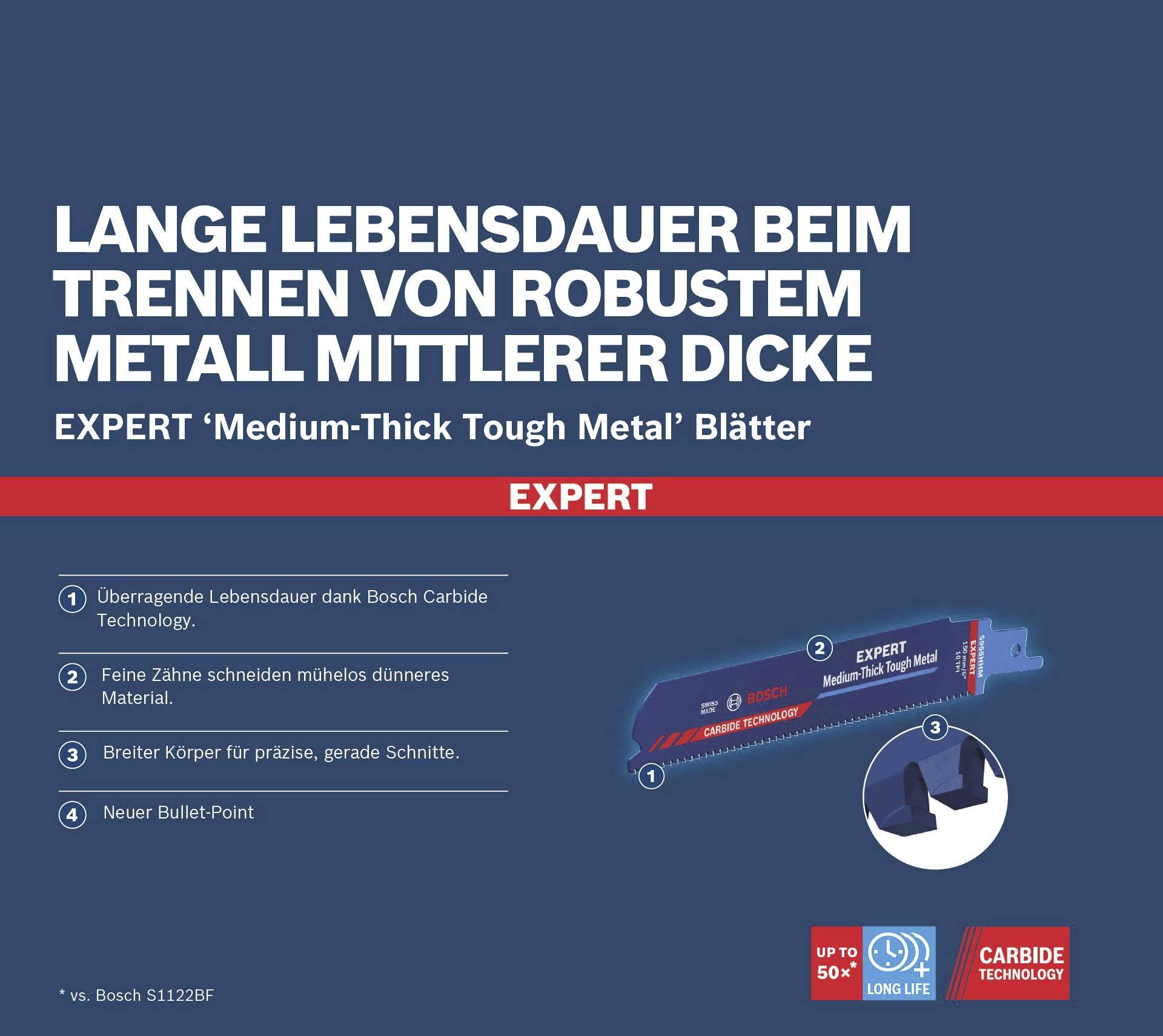'EXPERT "Medium-Thick Tough Metal" Blätter: Lange Lebensdauer beim Trennen von robustem Metall mittlerer Dicke. Präzise, gerade Schnitte.'