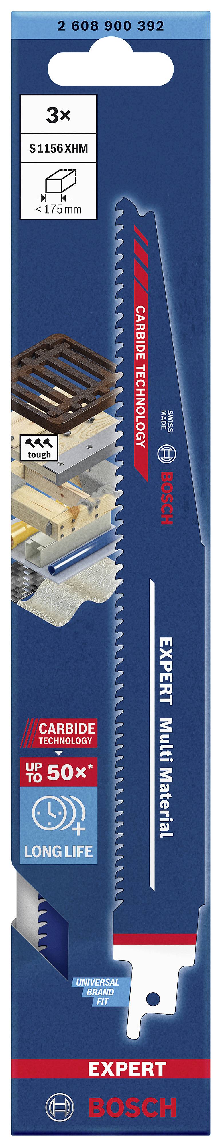 Verpackung für Bosch Expert Multimaterial Sägeblatt, 3er-Set. Details zu Anwendung und Langlebigkeit hervorgehoben.