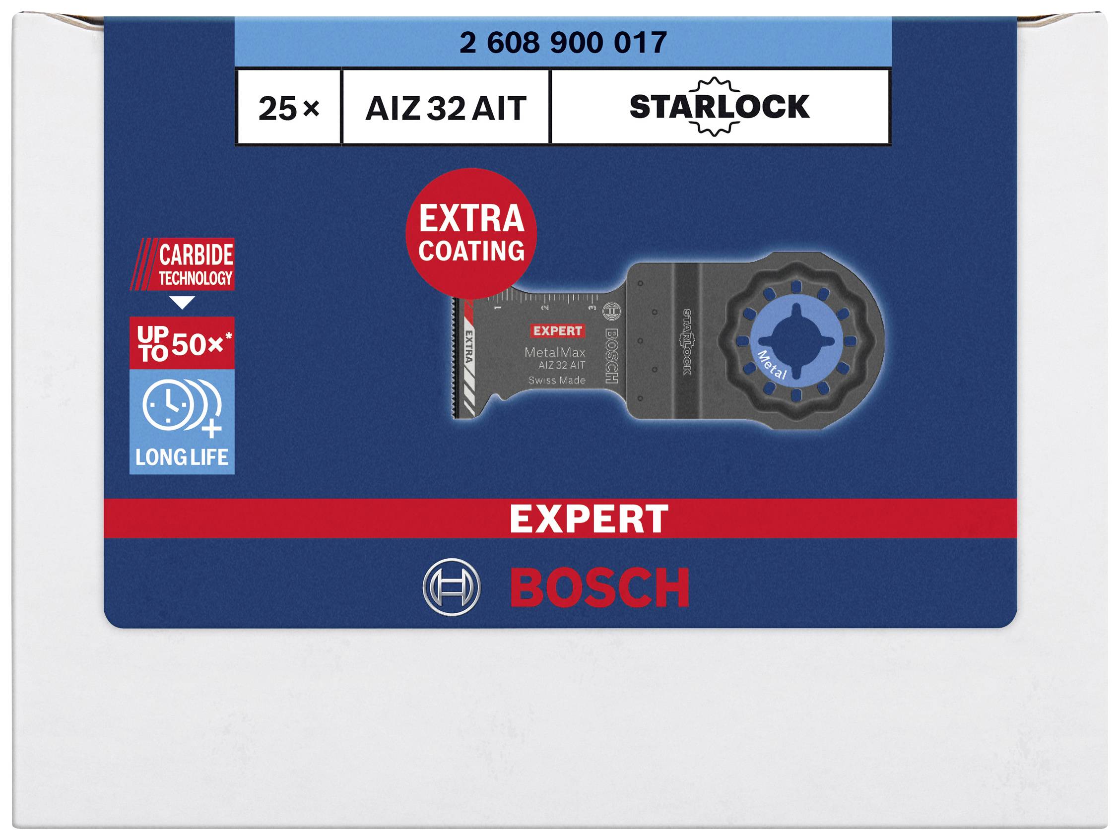 Produktbild von Bosch Starlock-Sägeblättern. Zeigt den Schriftzug 'EXPERT', Anzahl 25 Stück, ‘Extra Coating’ Hinweis, lange Lebensdauer.