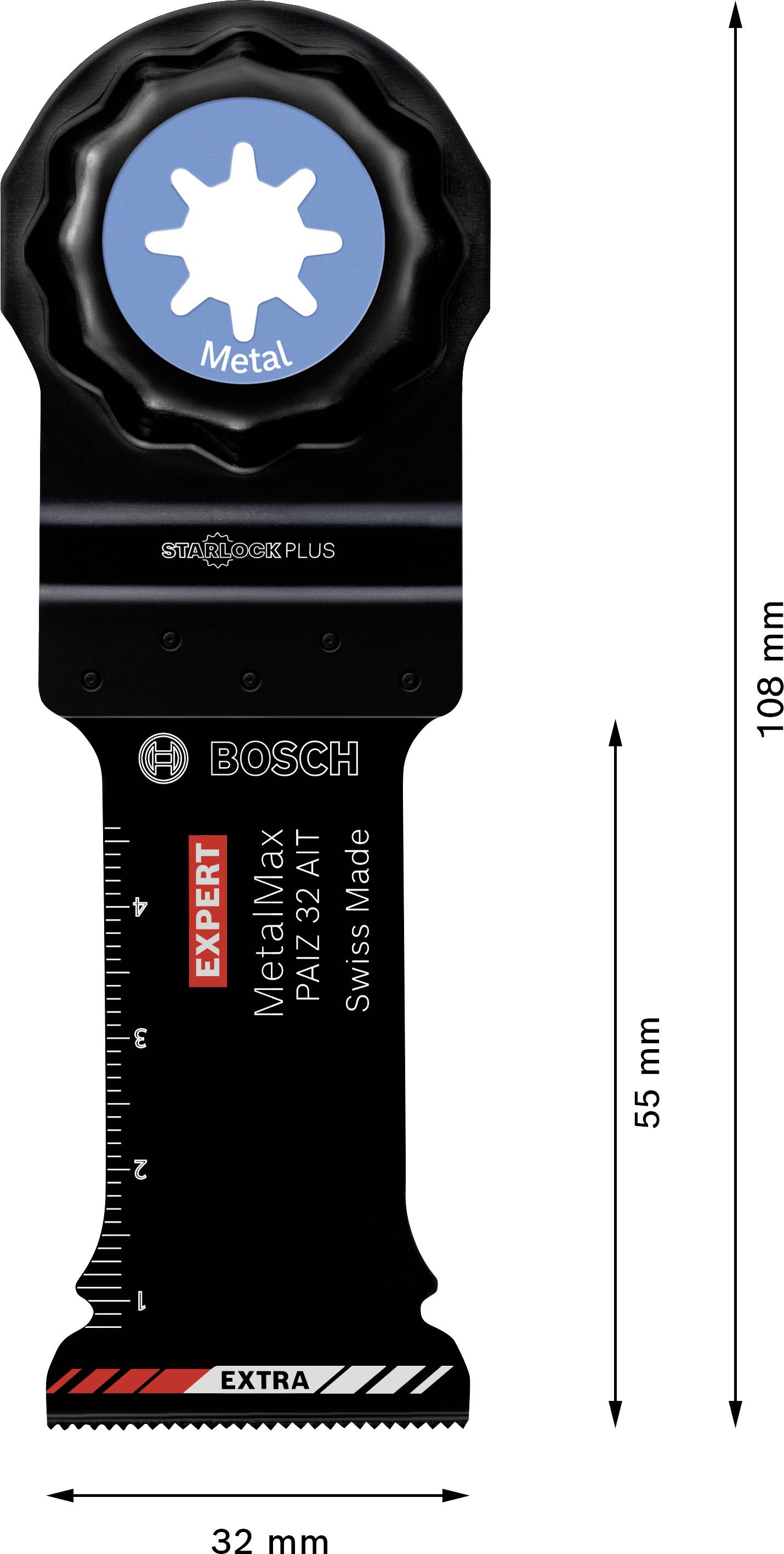 'Bosch Expert MetalMax PAZ 32 AIT' Multitool-Sägeblatt; speziell für Metall; Gesamtlänge: 108 mm; Breite: 32 mm; Schneidlänge: 55 mm.