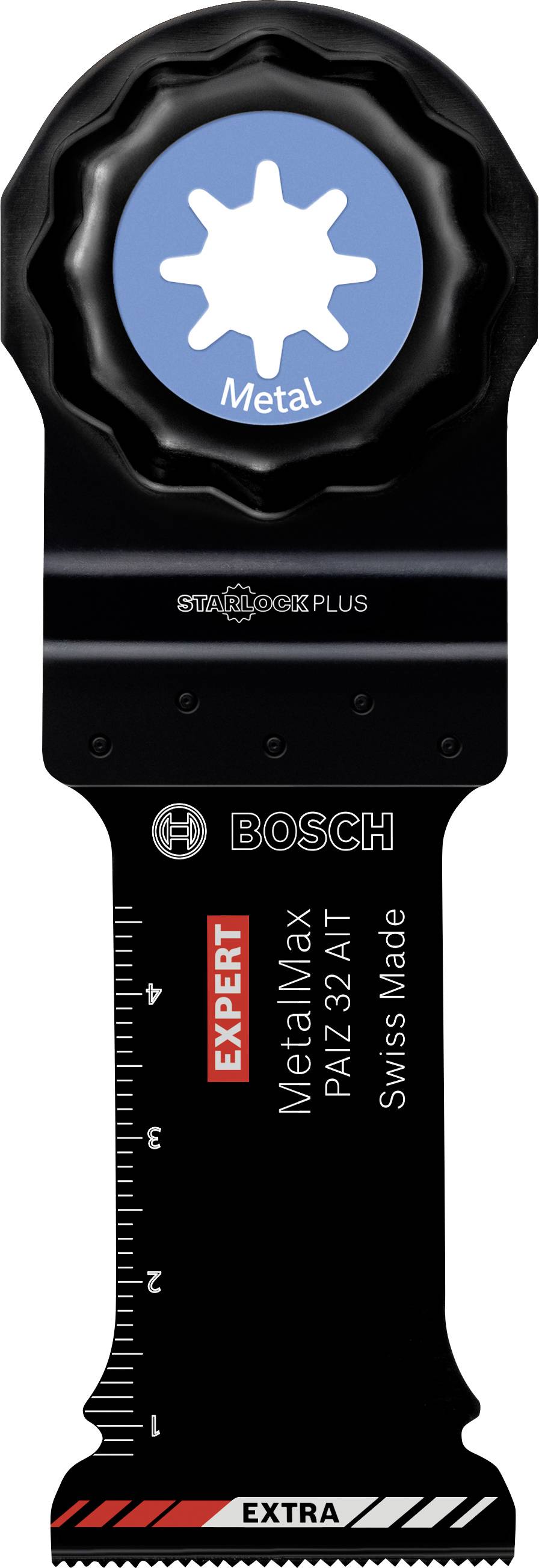 Sägeblatt für Metall, Bosch Expert MetalMax PAIZ 32 AT, schwarz-blau, mit Beschriftung 'EXPERT' und 'Metal', Swiss Made.