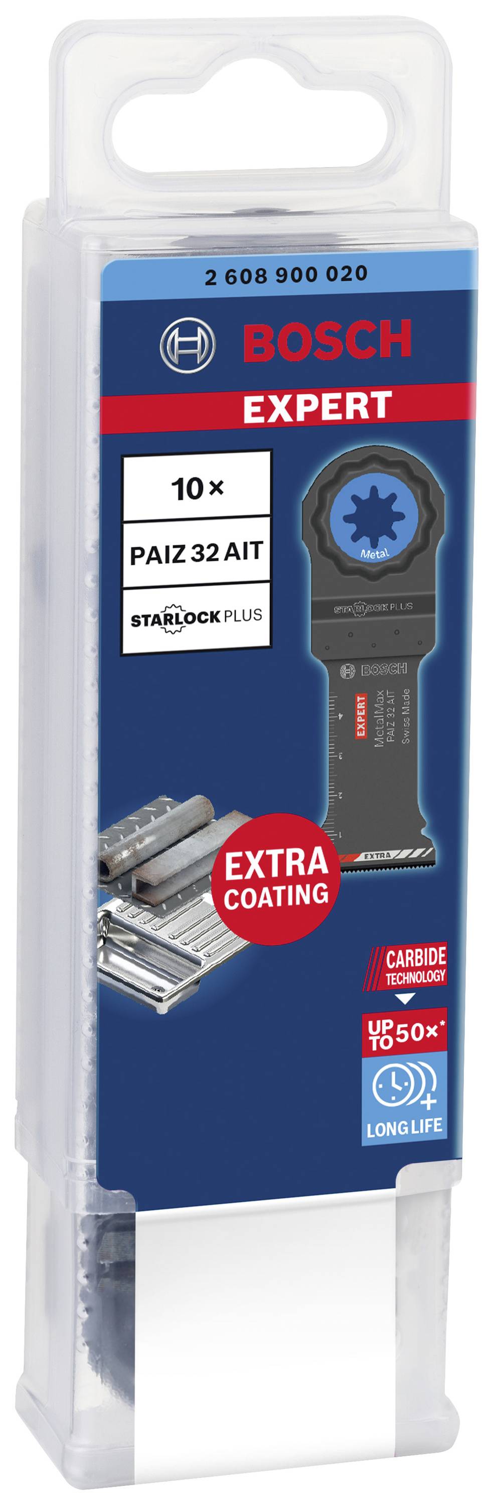 'Bosch Expert Starlock Plus PAIZ 32 AIT' Sägeblatt-Verpackung, 10 Stück. Hervorgehoben: 'Extra Coating', '50x besser', lange Lebensdauer.