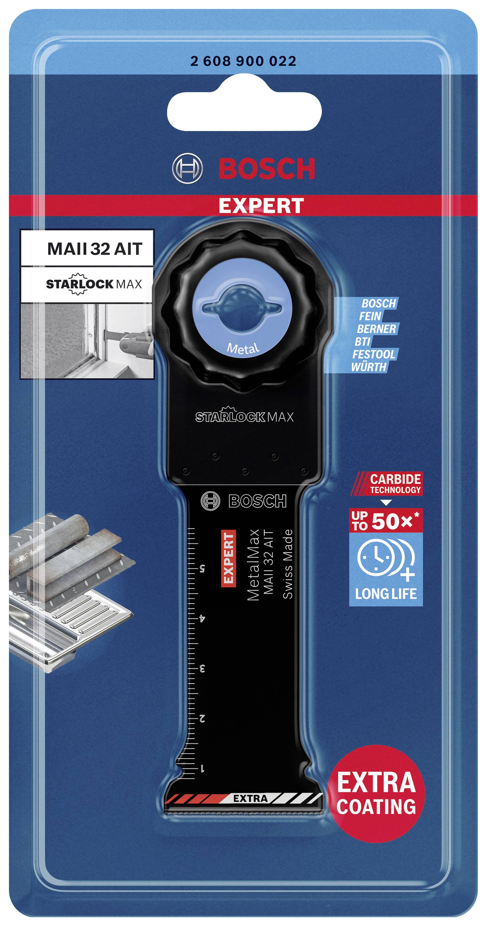 'Bosch Expert MetallMax Sägeblatt', in einer Plastikverpackung. Es ist für Metall geeignet und verspricht lange Lebensdauer und extra Beschichtung.