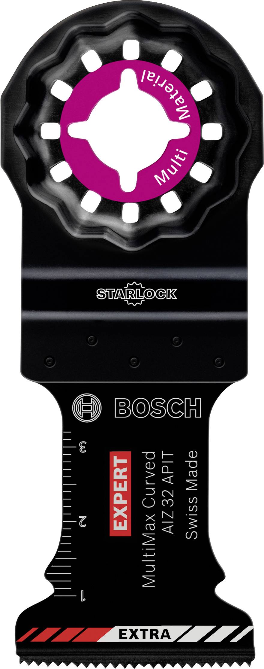 Schwarzes Multitool-Sägeblatt von Bosch mit rosa 'Multi Material'-Ring. Beschriftung: 'EXPERT Multimax Curved, Swiss Made'.