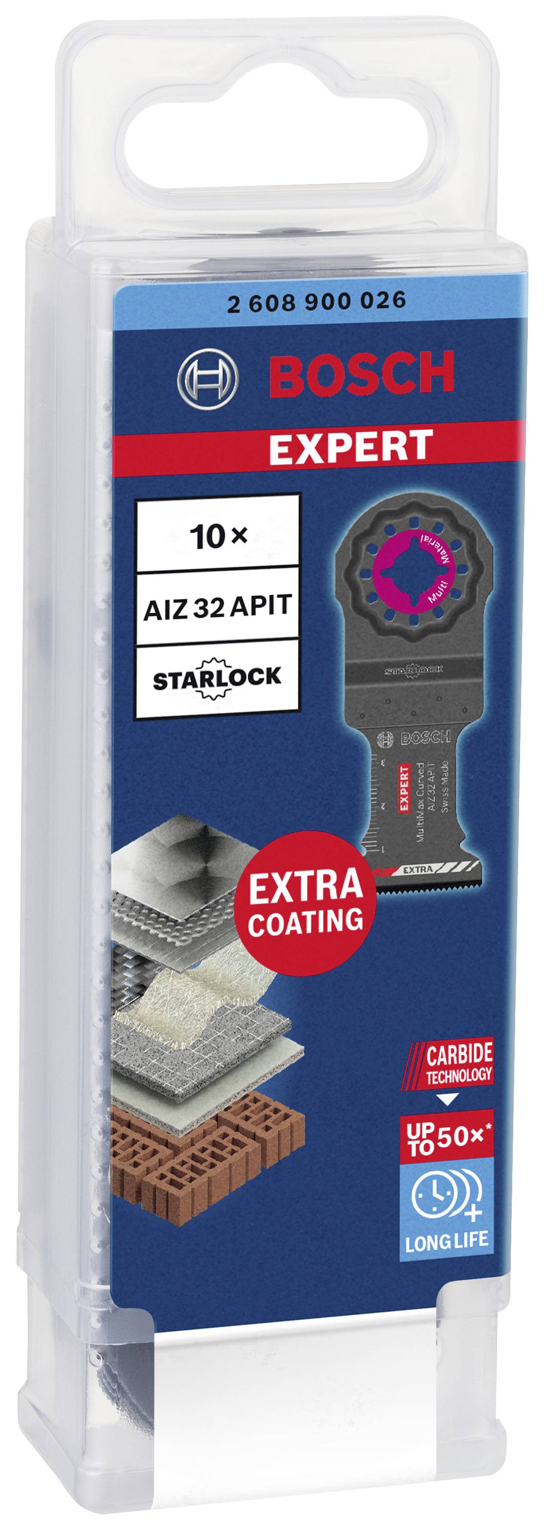 Verpackung von Bosch Expert Sägeblättern, 10 Stück, Modell AIZ 32 APIT mit Starlock-System. Geeignet für Holz und Metall.