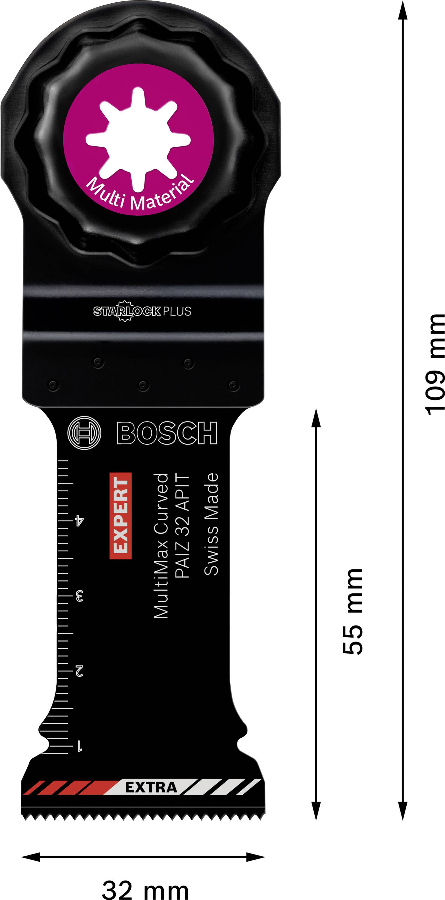 Multitool-Sägeblatt von Bosch, 109 mm lang, für verschiedene Materialien. Zeigt Maßstab und Beschriftung 'EXPERT Multimax Curved'.