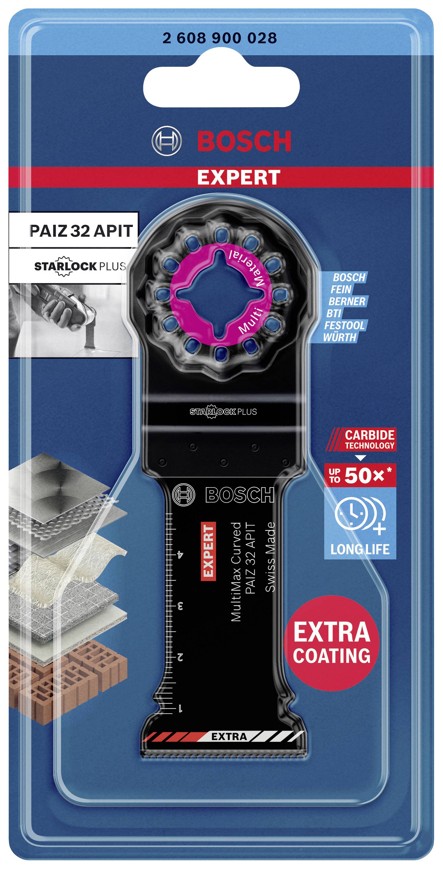 'Bosch Expert'-Verpackung mit Starlock Plus Sägeblatt, geeignet für Metall, Holz und mehr. Hervorgehoben: hohe Haltbarkeit und Langlebigkeit.