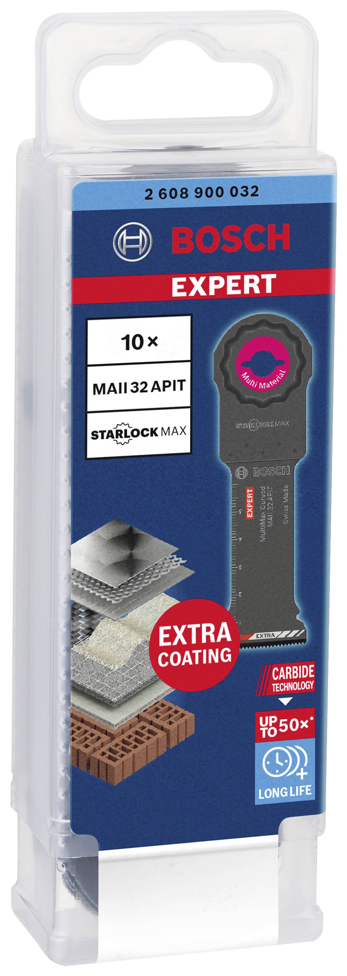 Verpackung mit einem Set von 10 Bosch StarlockMax MAII 32 APIT Sägeblättern, geeignet für Metallschnitte. Extra Beschichtung für lange Lebensdauer.