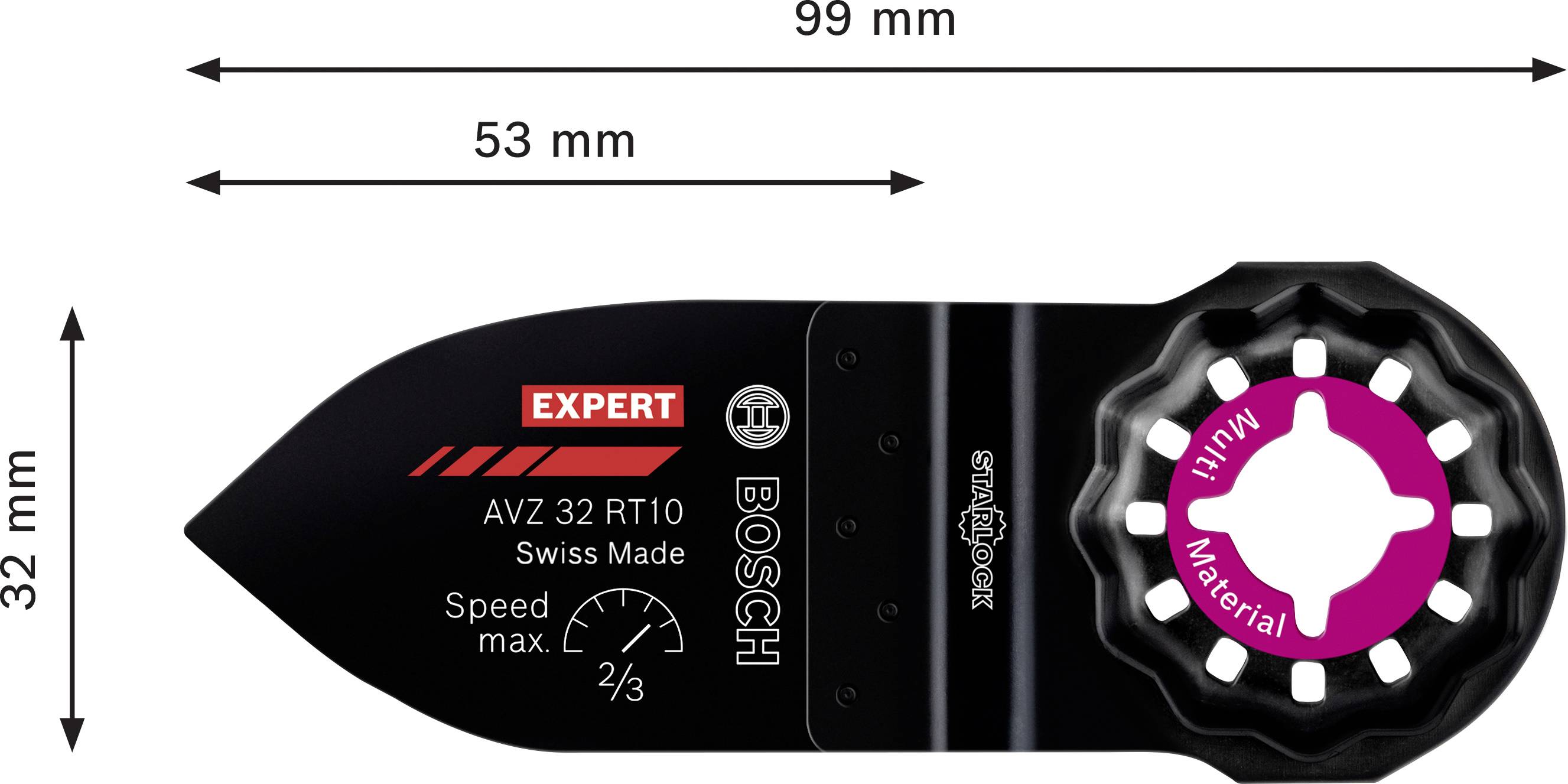 Multitool-Sägeblatt von Bosch mit den Aufschriften 'EXPERT', 'Swiss Made', 'Speed max 2/3'. Maße: 99 mm Länge, 32 mm Breite.