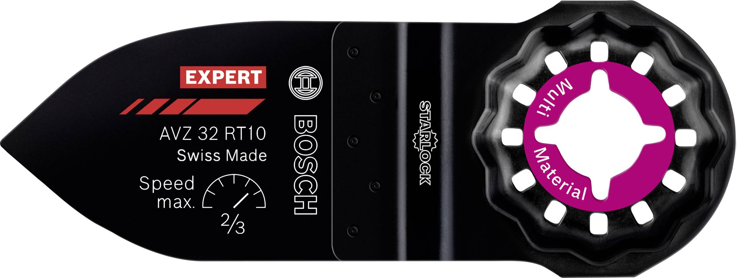 'Sägeblatt von Bosch, Modell AVZ 32 RT10, Swiss Made, Expert-Serie, zeigt maximale Geschwindigkeit von zwei Dritteln. Für Multi-Materialien geeignet.'