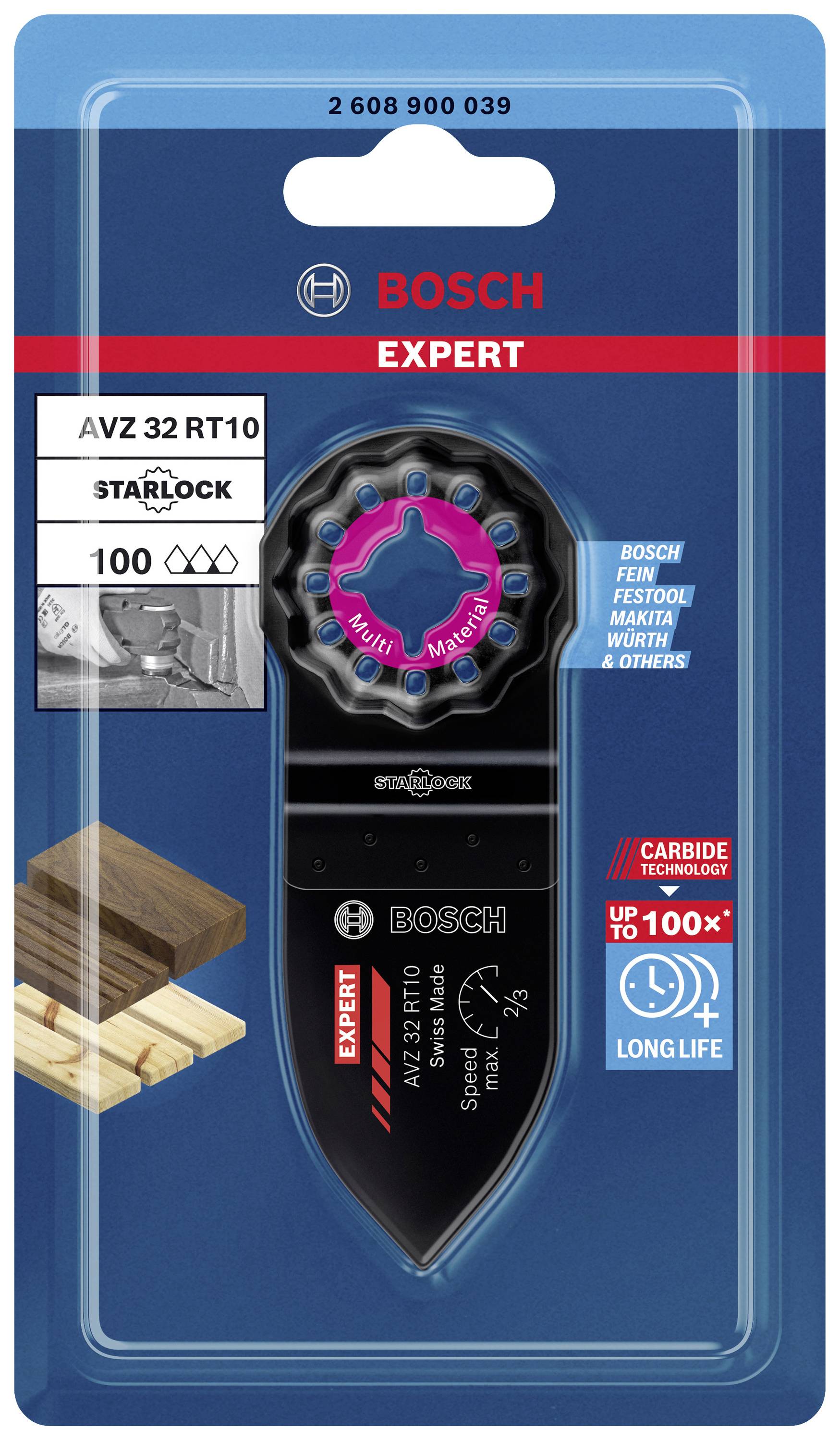 Verpackung eines Bosch "Expert AVZ 32 RT10" Starlock-Zubehörs mit durablen Diamantsegmenten, geeignet für präzises Schleifen von Holz.