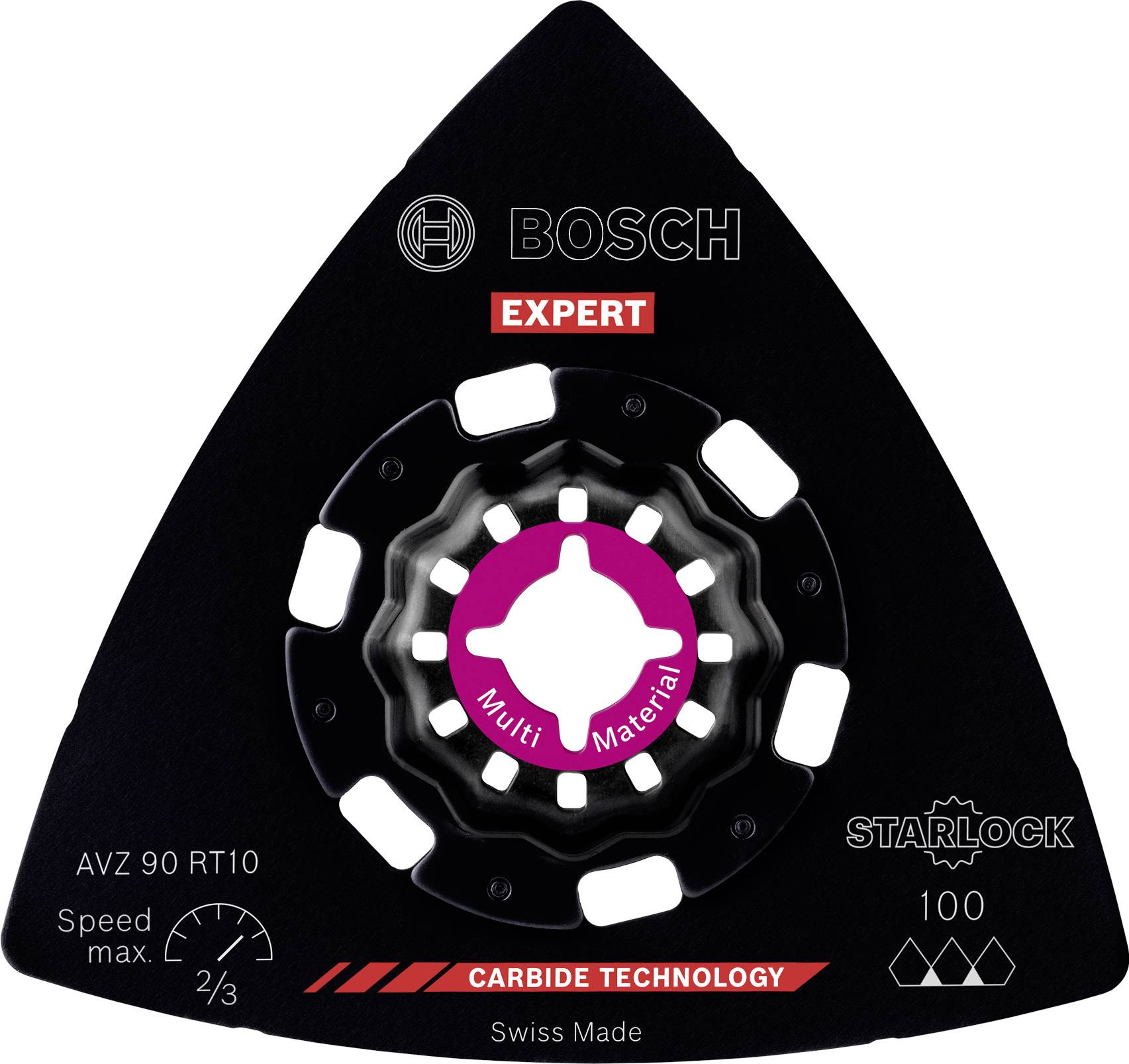 'Dreieckiges schwarzes Bosch-Sägeblatt, Modell AVZ 90 RT10, für Multi-Materialien mit Starlock-System und Karbidtechnologie.'