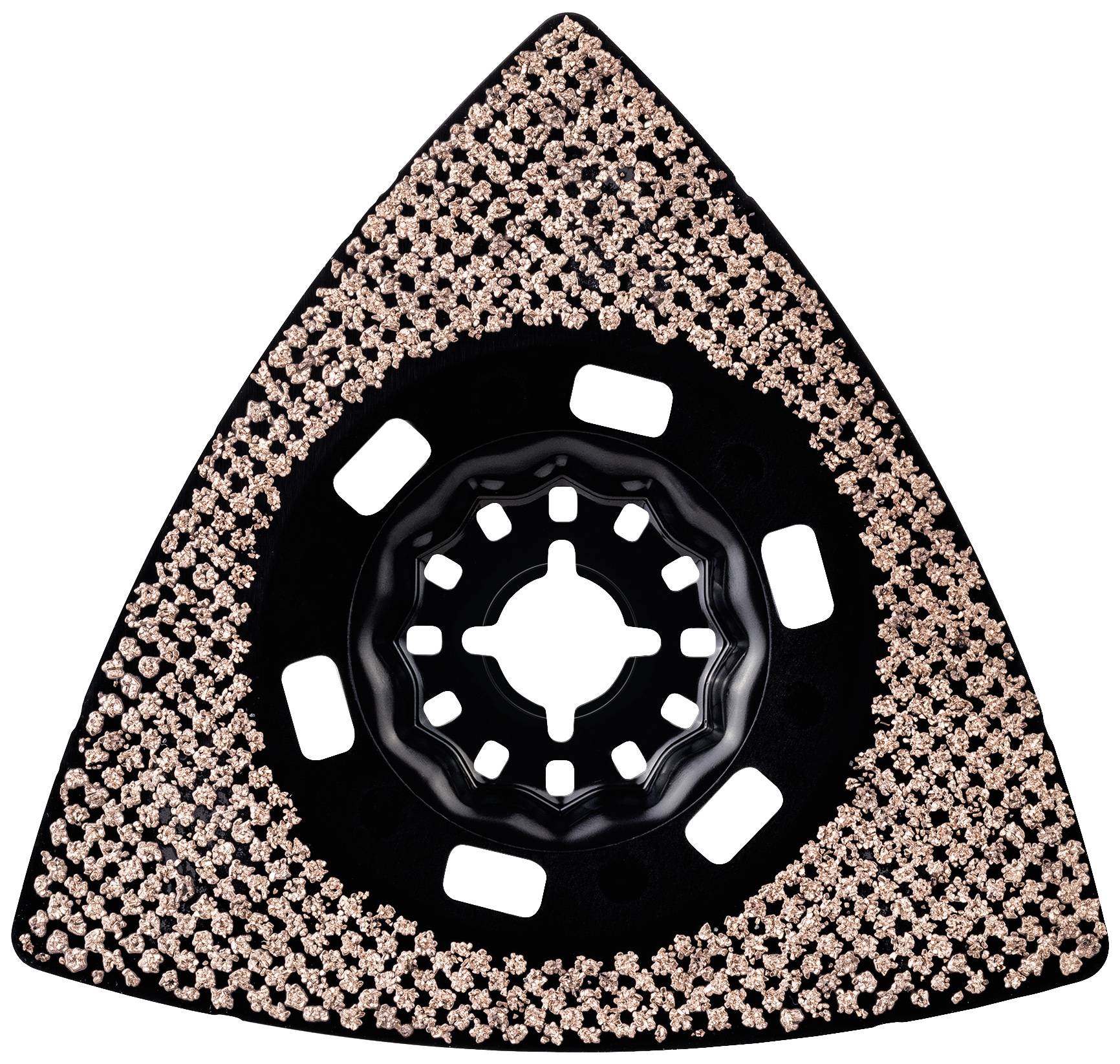 Dreieckiges oszillierendes Sägeblatt mit gezahnten Kanten, verwendet für präzises Schneiden und Schleifen von Materialien.