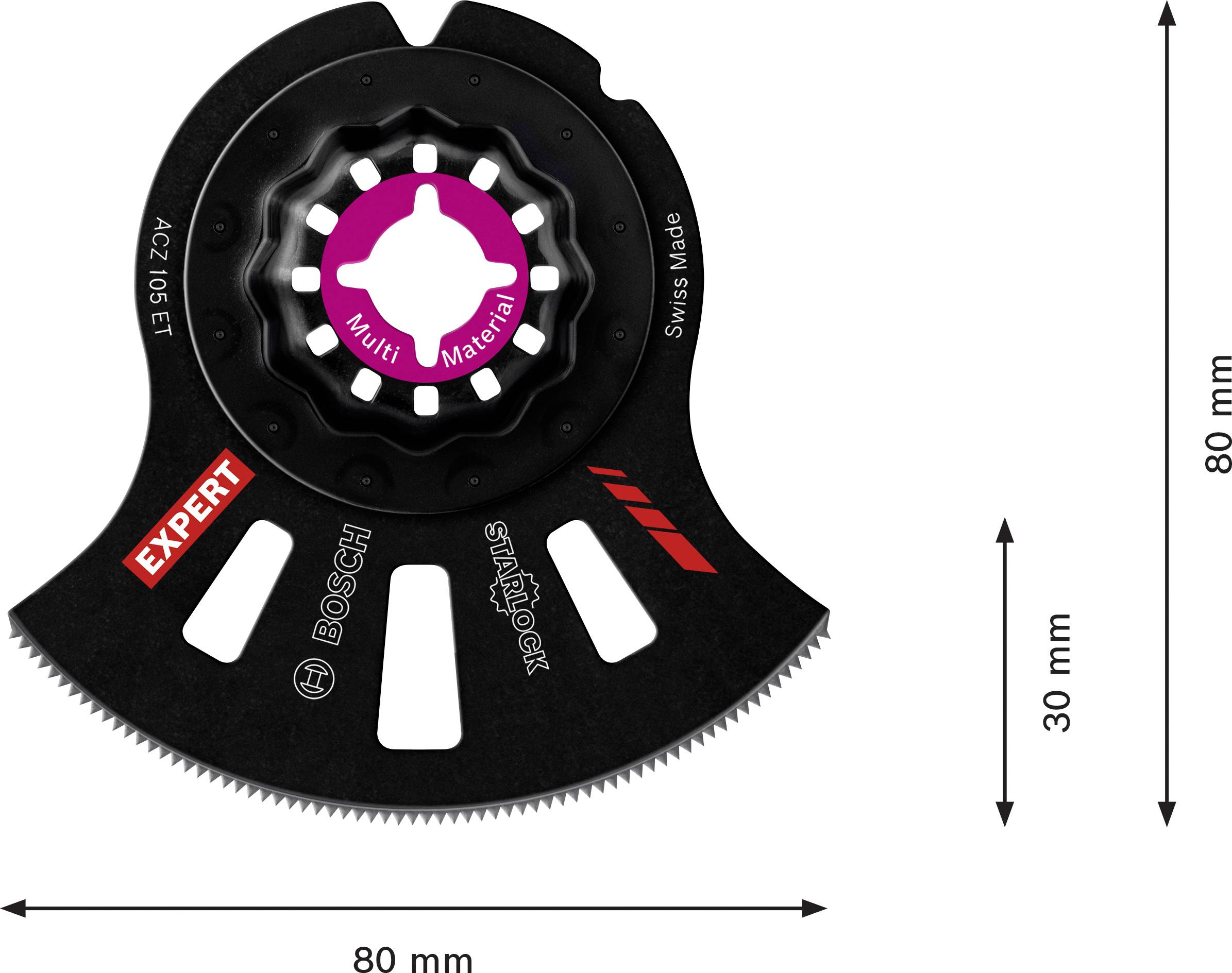 'Schwarz-graues Sägeblatt von BOSCH für Multi-Material, 80 mm x 30 mm, mit Starlock-Montage. Text: EXPERT, Made in Swiss.'