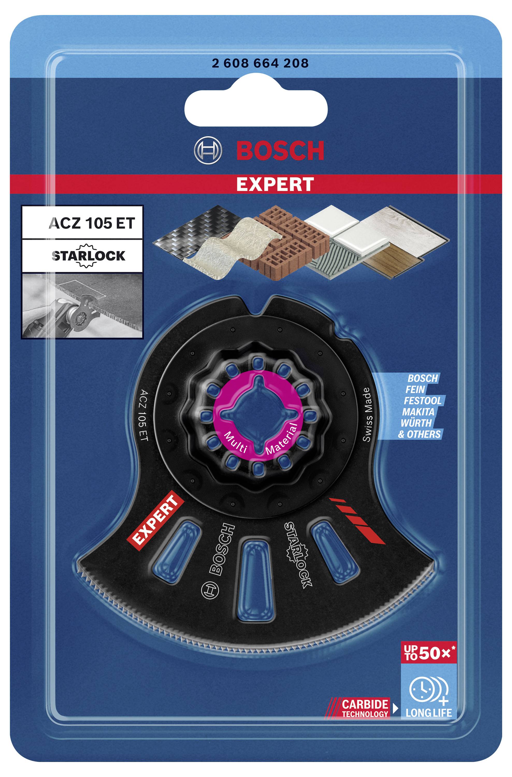 'Bosch Expert' Lochsägeblatt-Verpackung, zeigt das Blatt für Metall, Holz und Fliesen. Geeignet für Starlock-Systeme, langlebig.