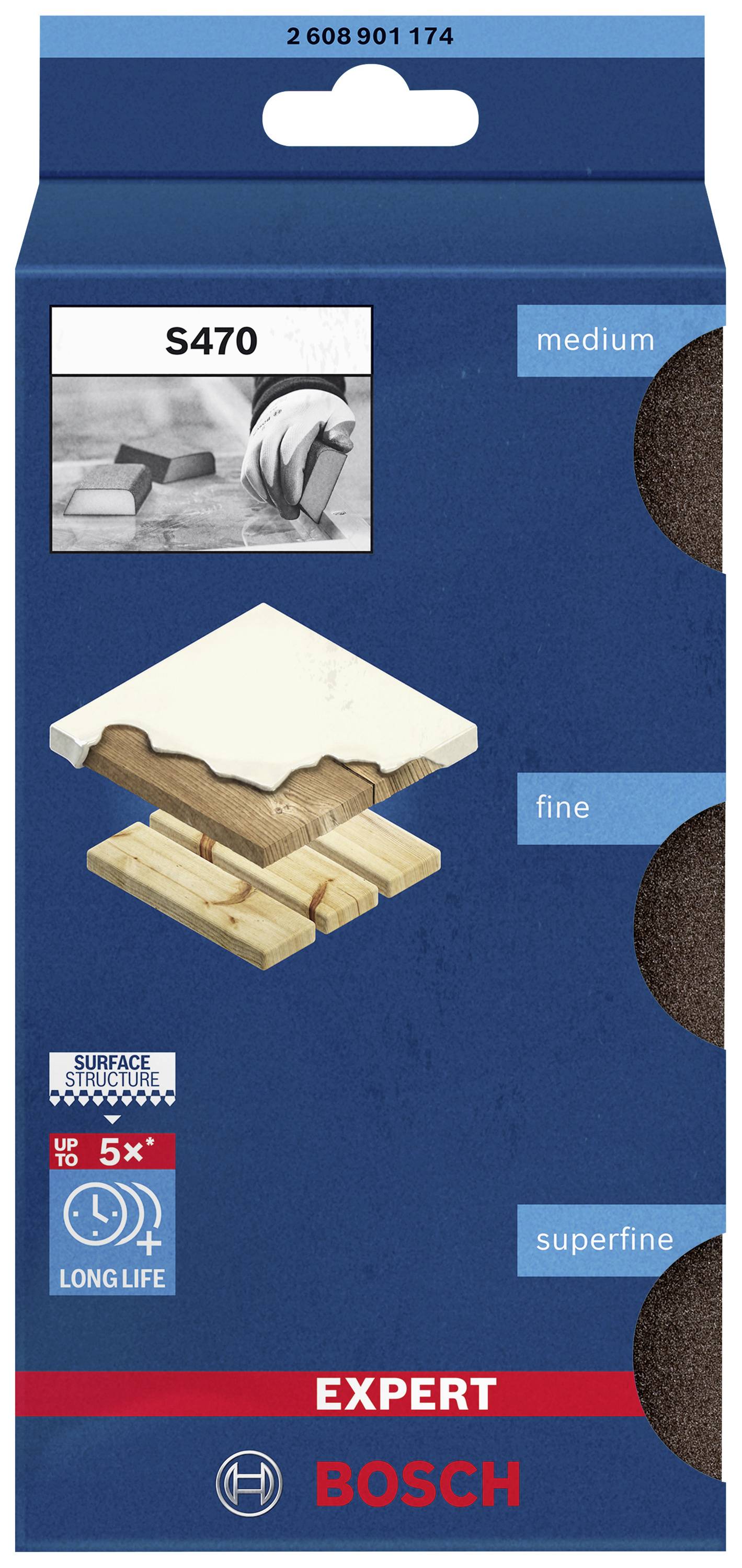 Eine Verpackung von Bosch-Schleifpapier, 'S470' Serie, in den Körnungen medium, fine und superfine, mit Abbildung der Anwendung.