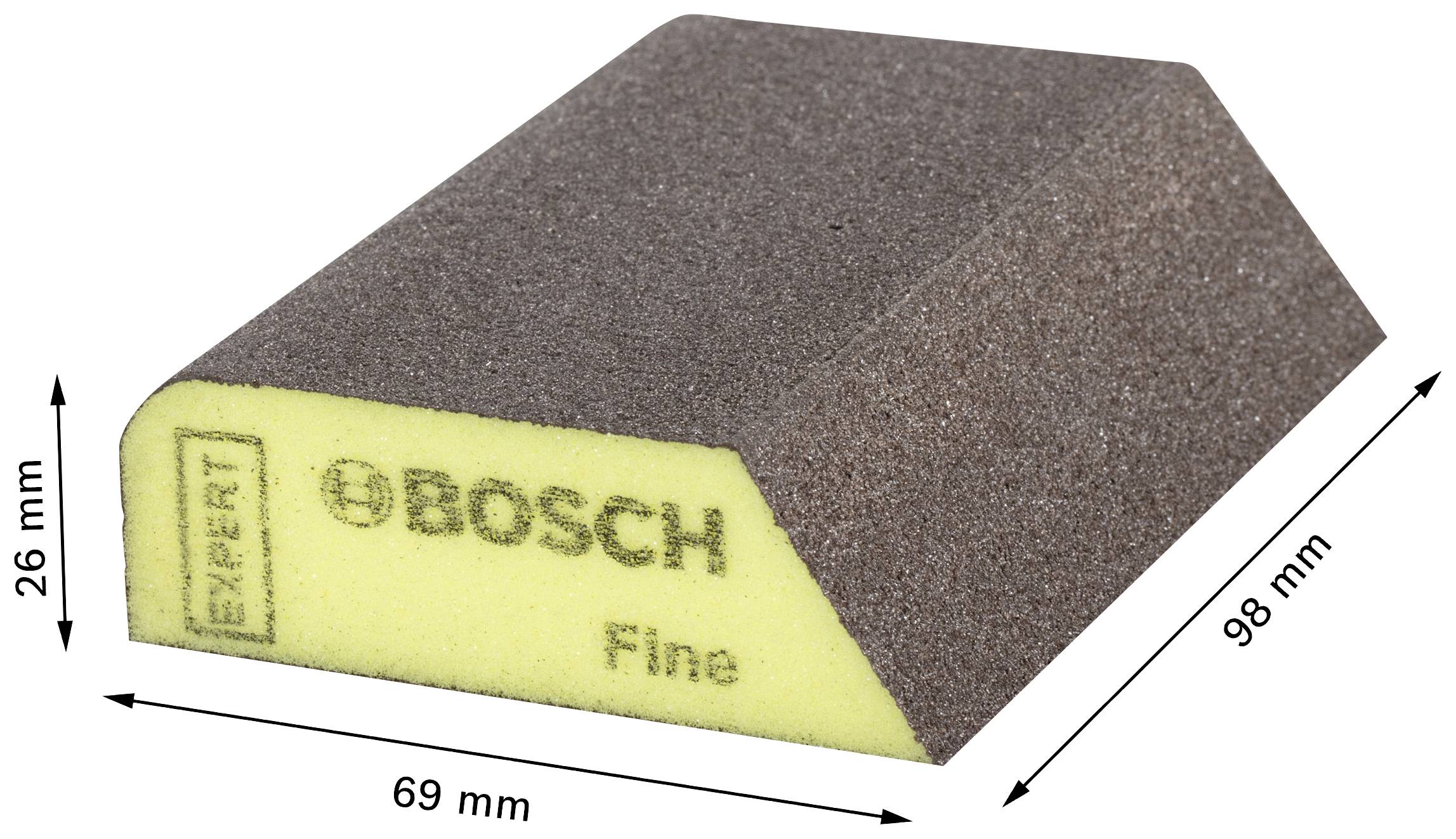 Ein Schleifschwamm von Bosch mit den Maßen: 98 mm Länge, 69 mm Breite und 26 mm Höhe. Aufdruck 'EXPERT Bosch Fine'.