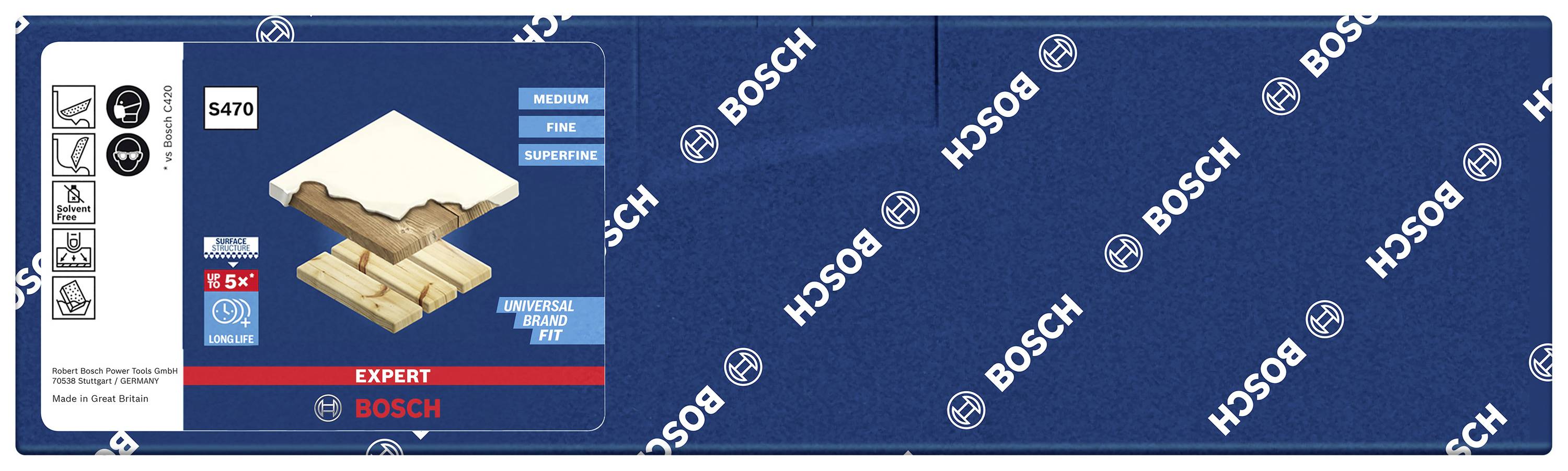 Verpackung von Bosch Expert Schleifpapier, geeignet für Holz, beschriftet mit 'Medium', 'Fine' und 'Superfine'.