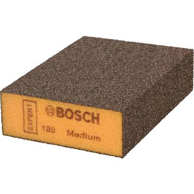 Schleifschwamm von Bosch, rechteckig und braun, mit der Aufschrift '180 Medium Expert'. Ideal für Schleifarbeiten auf Holzoberflächen.