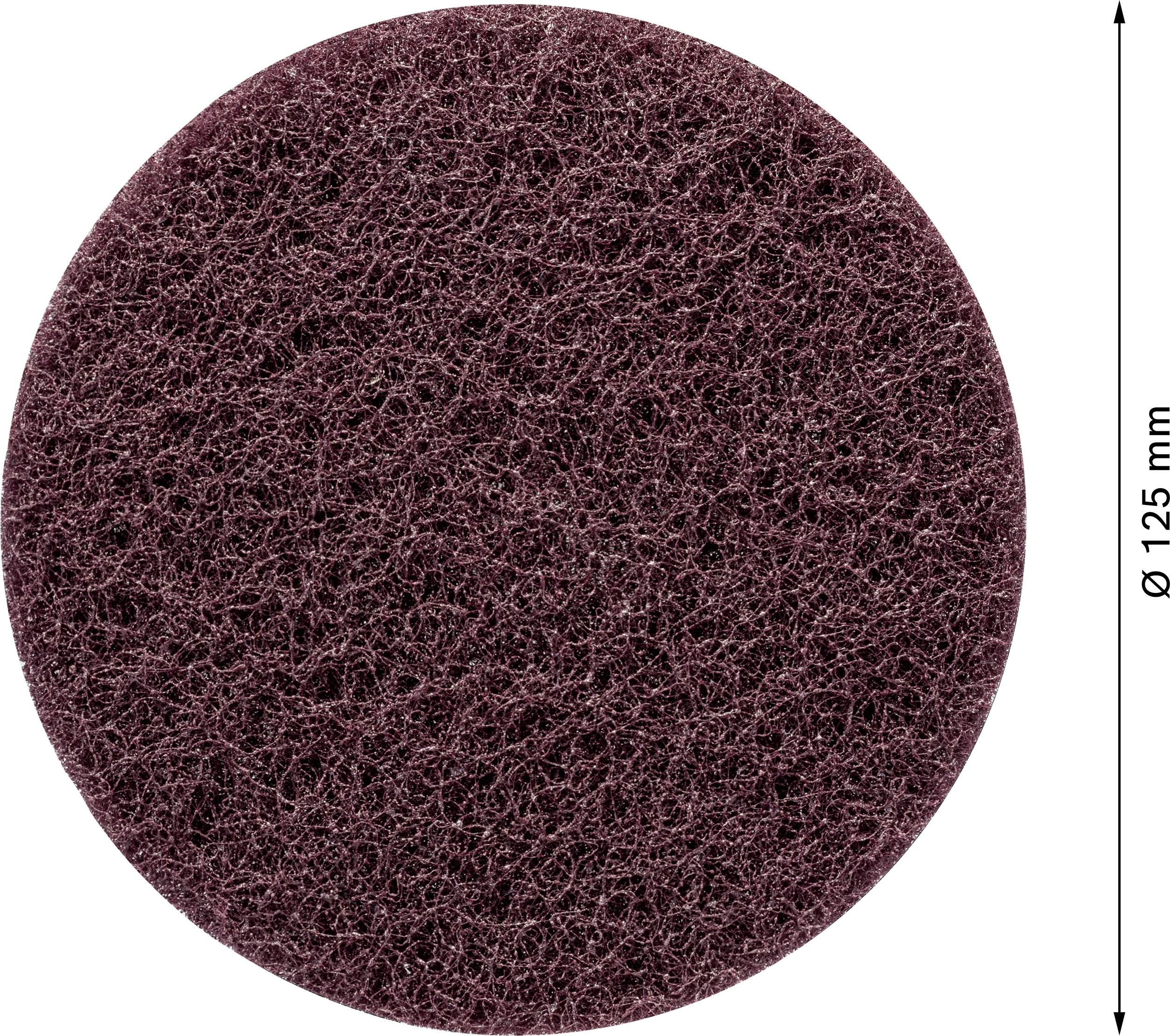 Eine rotbraune Schleifscheibe mit einem Durchmesser von 125 mm. Sie hat eine grobe, netzartige Struktur.