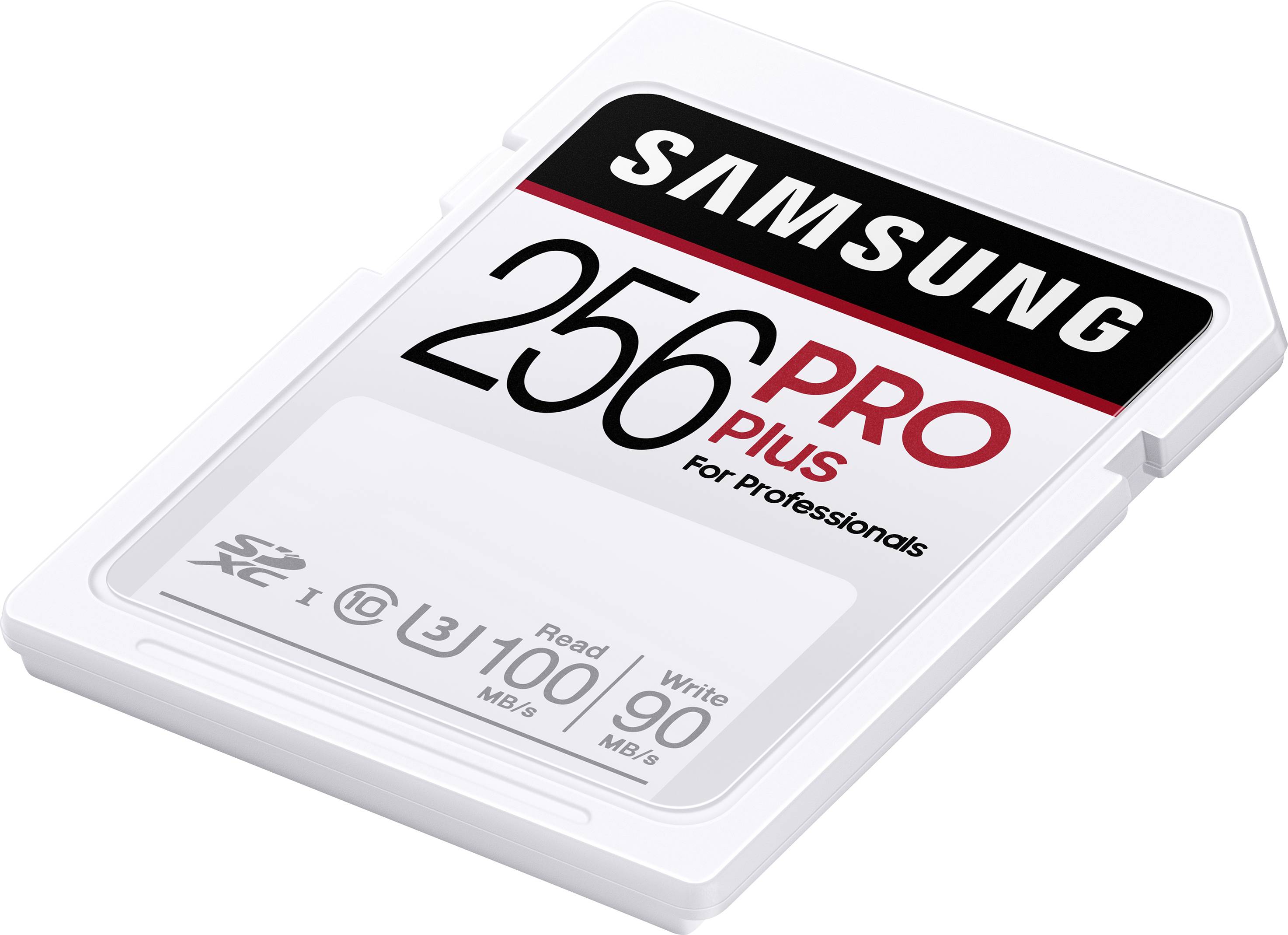 'SD-Karte von Samsung, 256 GB, PRO Plus-Serie für Profis, Lese- und Schreibgeschwindigkeit bis zu 100/90 MB/s.'