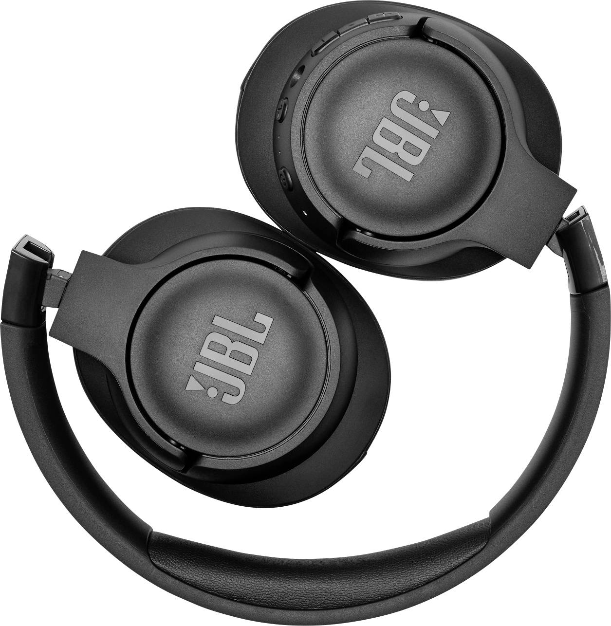 Schwarze, zusammengefaltete JBL-Kopfhörer von oben. JBL-Logo sichtbar auf beiden Ohrmuscheln.