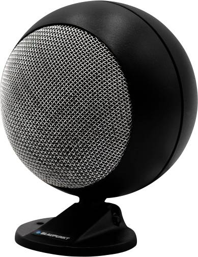 Schwarzer kugelförmiger Lautsprecher mit silbernem Metallgitter, auf einem kleinen schwarzen Standfuß montiert.