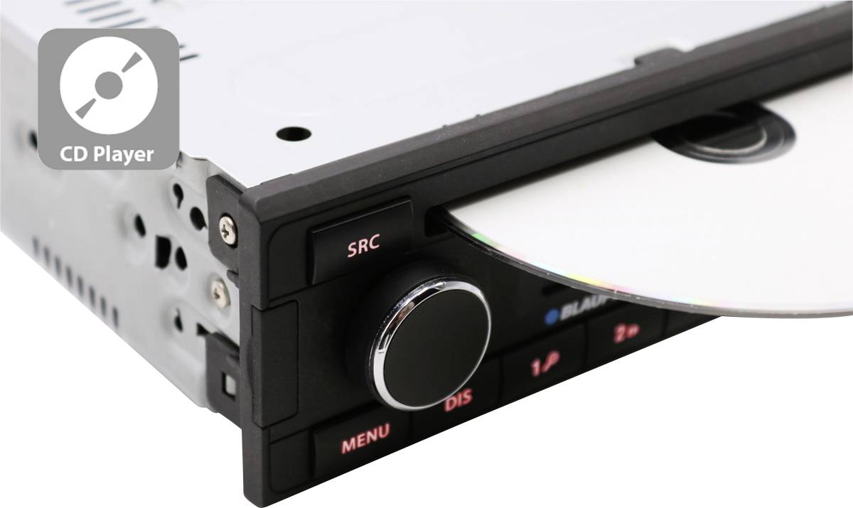Auto-CD-Player mit herausragender Disc, Kreisregler mit Beschriftung 'SRC', Tasten 'MENU', 'DIS' und Nummern.