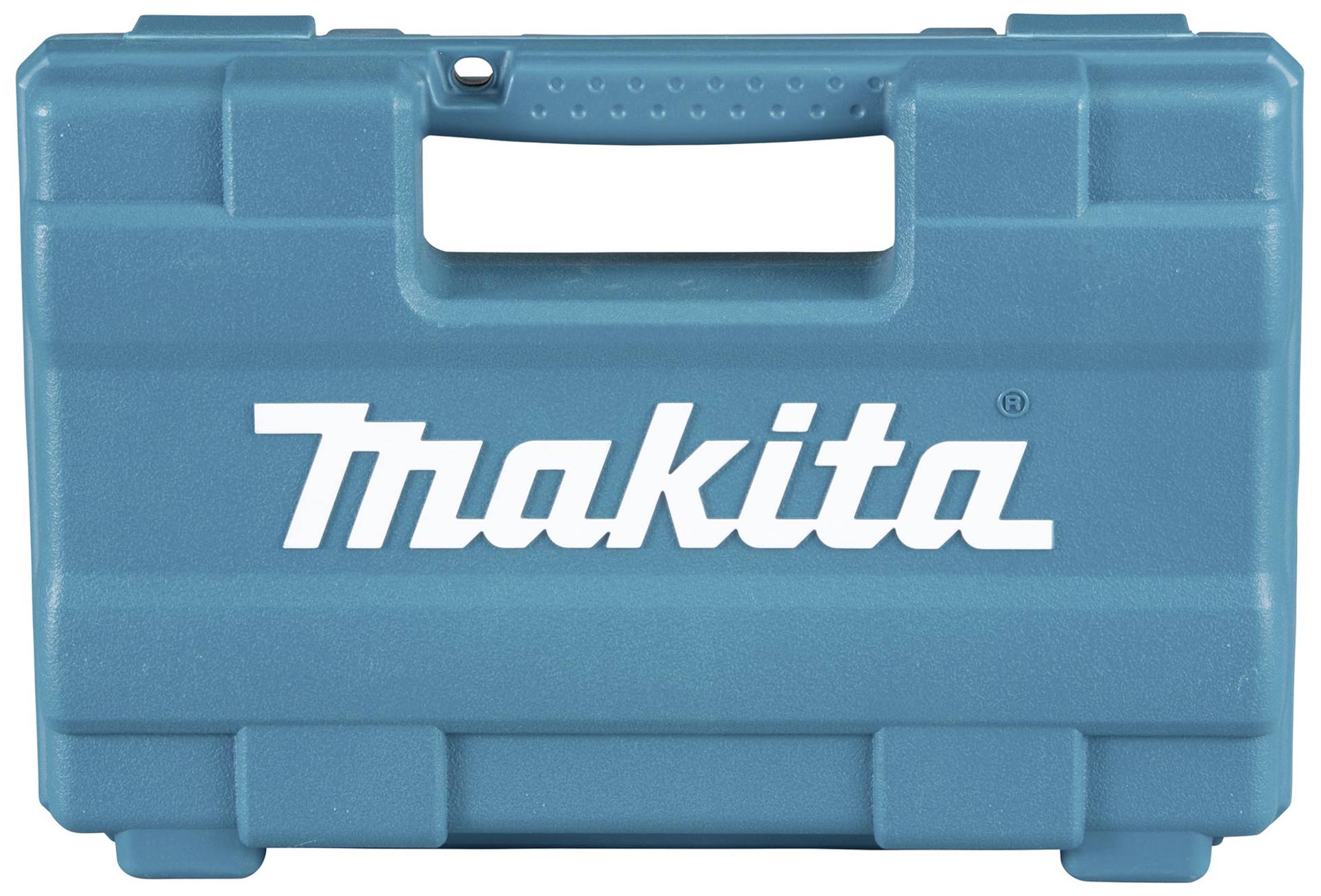 Ein blauer Werkzeugkoffer mit dem weißen Schriftzug 'Makita' auf der Vorderseite. Der Koffer hat einen Griff oben.