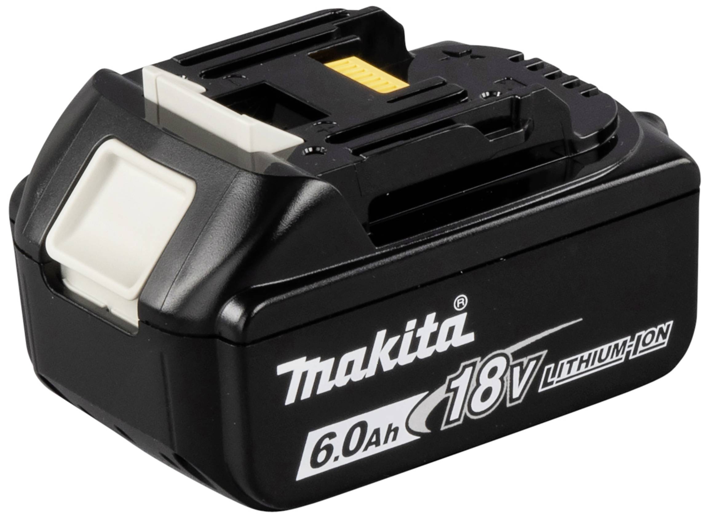 Makita 18V 6,0 Ah Lithium-Ionen-Akku, schwarz, rechteckige Form, mit weißem Verschluss und Markenschriftzug auf der Seite.