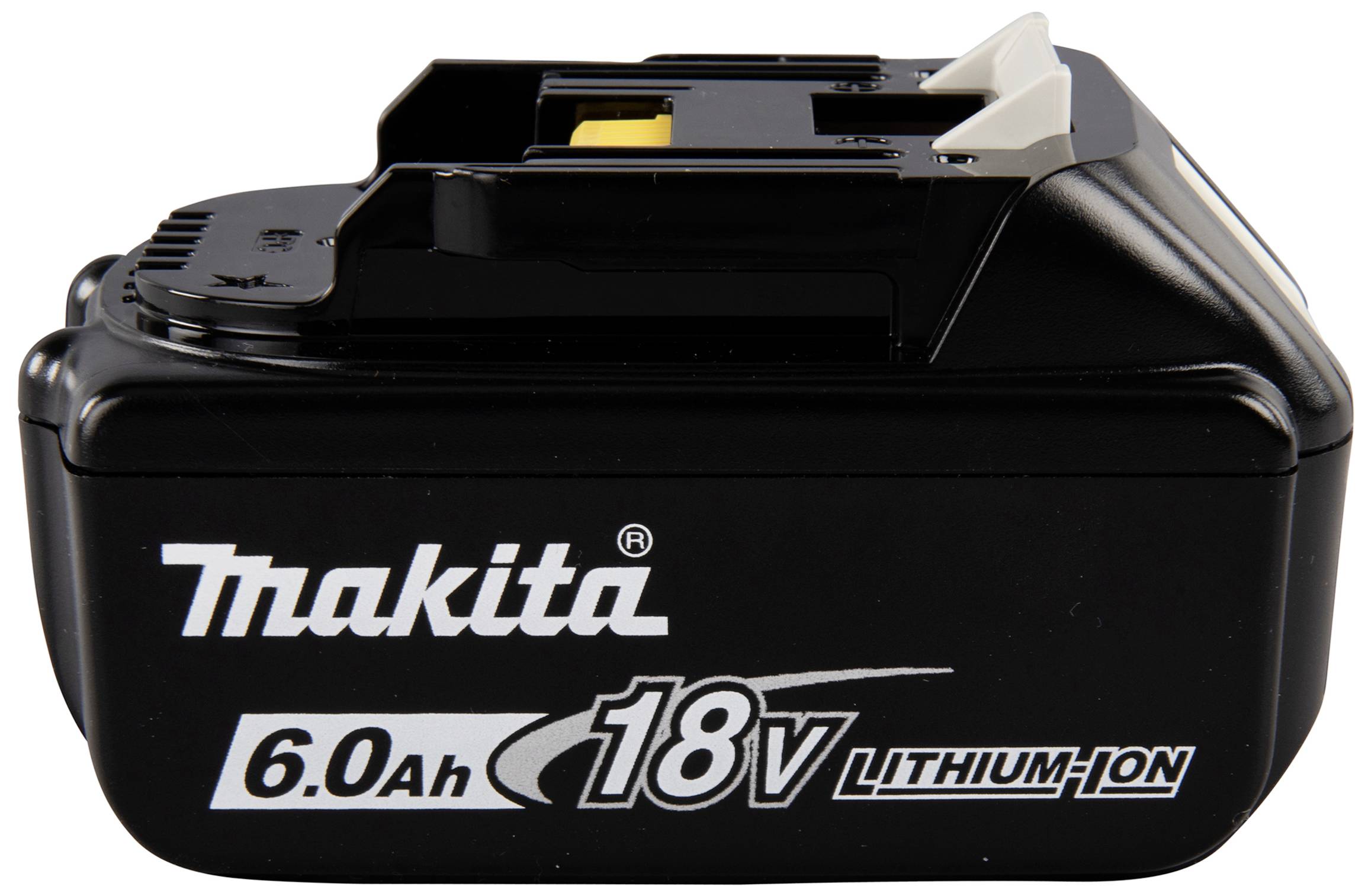 'Makita 18V Lithium-Ion Akku mit 6,0 Ah Kapazität' in Schwarz.