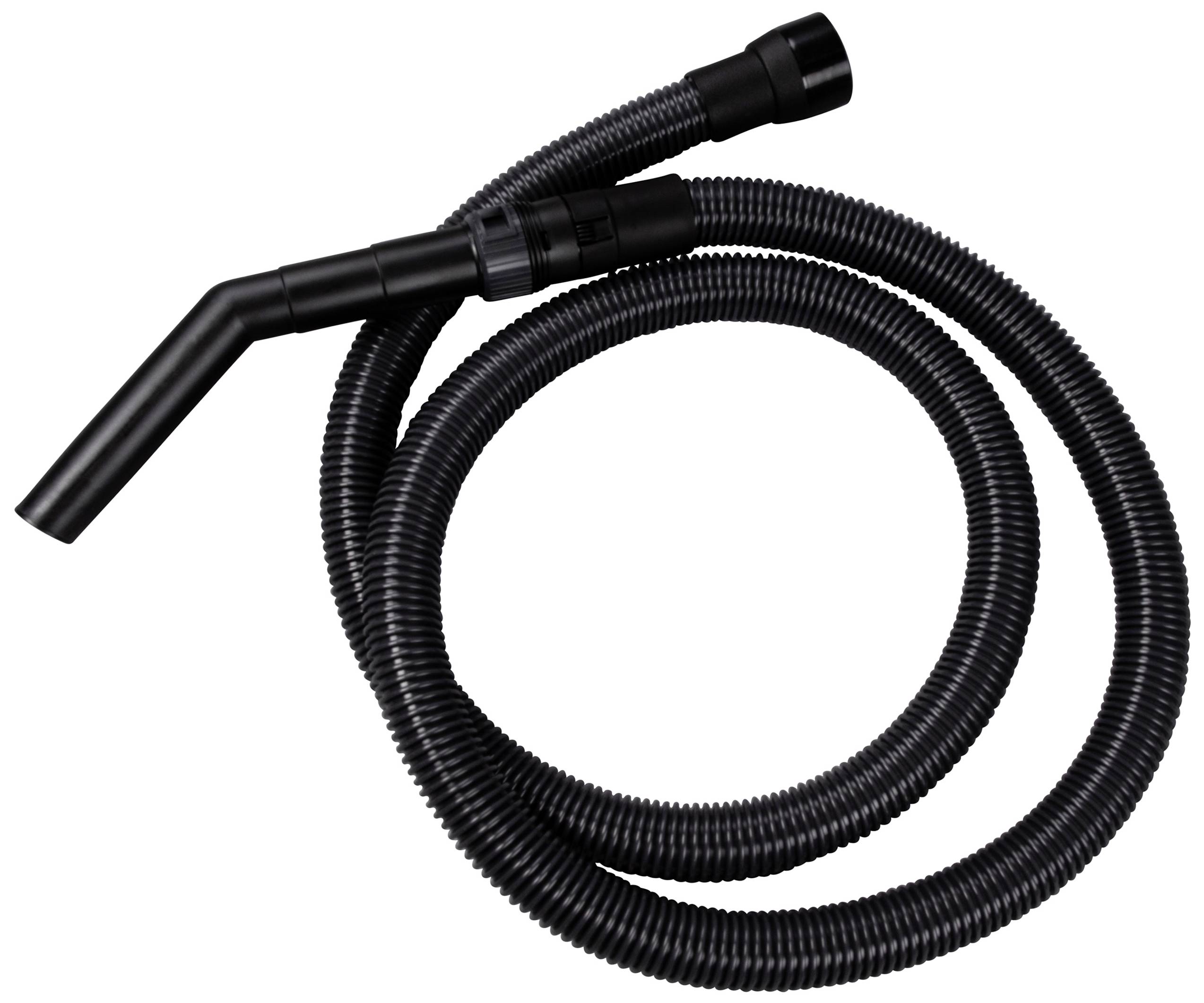 'Schwarzer Staubsaugerschlauch mit gebogener Düse auf weißem Hintergrund.'