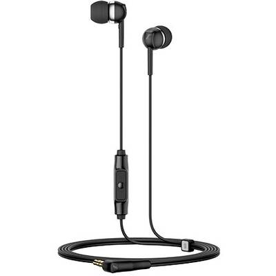 Schwarze In-Ear-Kopfhörer mit Kabel, Mikrofon und Lautstärkeregler. Sie besitzen austauschbare Ohrstöpsel und einen 3,5-mm-Stecker.